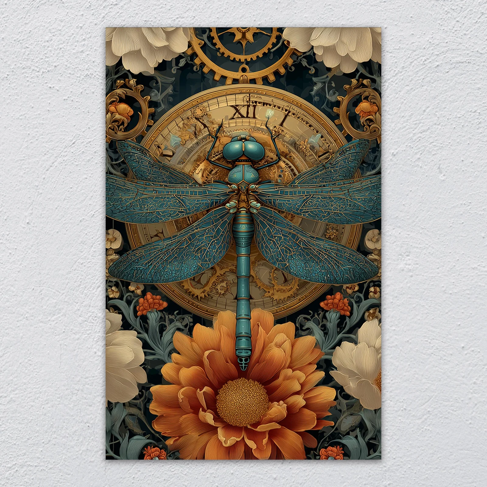 Steampunk dragonfly and clock glass wall art displayed above a sofa