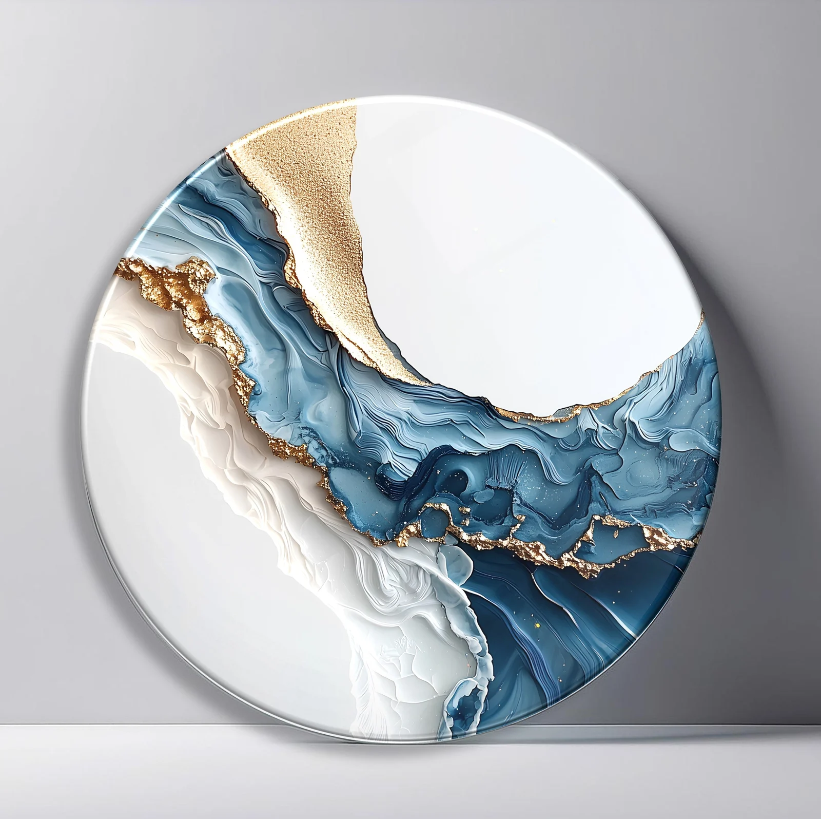Blue Agate Coast Round Glass Wall Art featuring deep blue mineral layers flowing between white stone and gold edges
