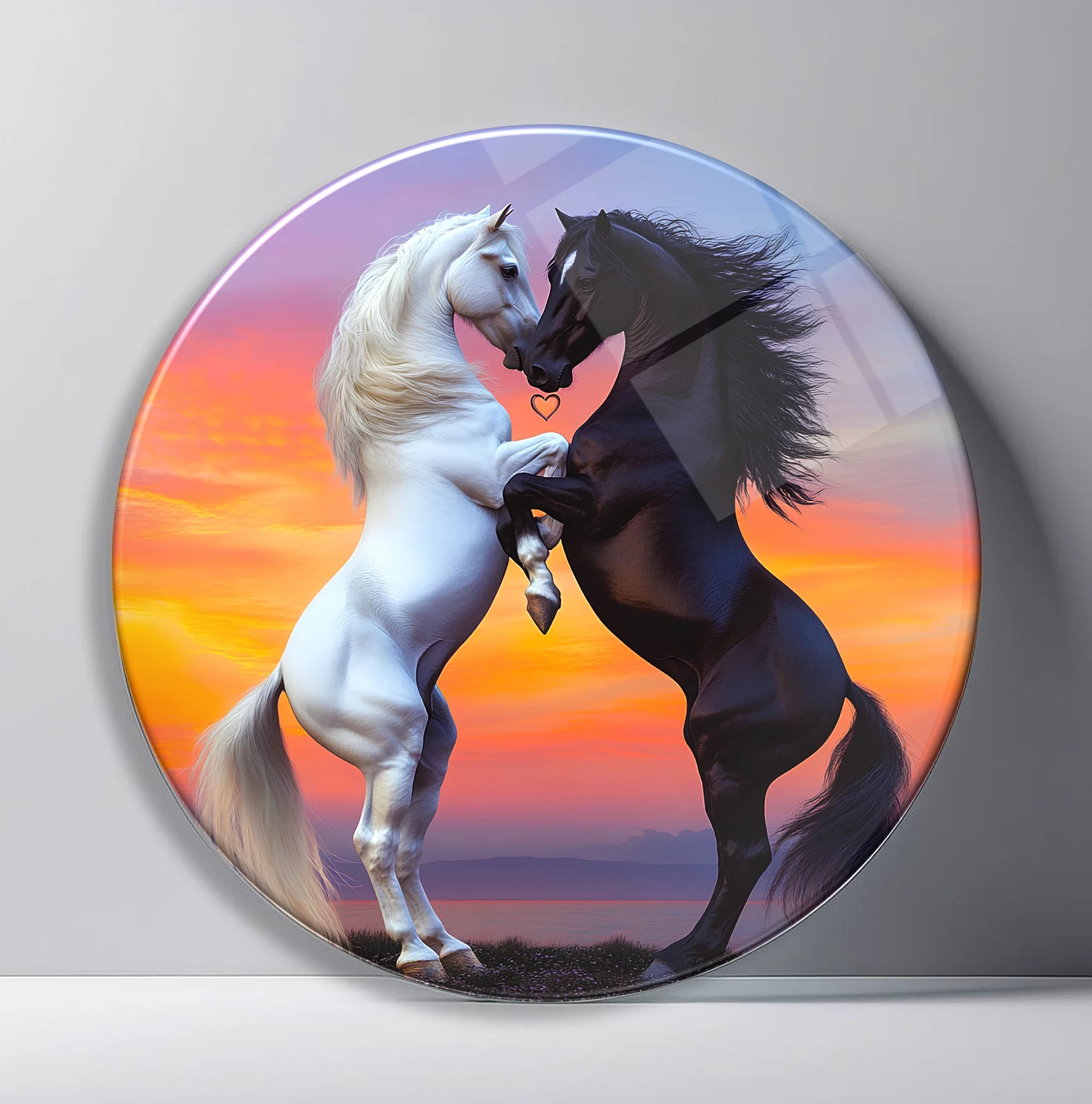 White and Black Horses at Sunset Round Glass Wall Art featuring two rearing horses meeting against a glowing sunset