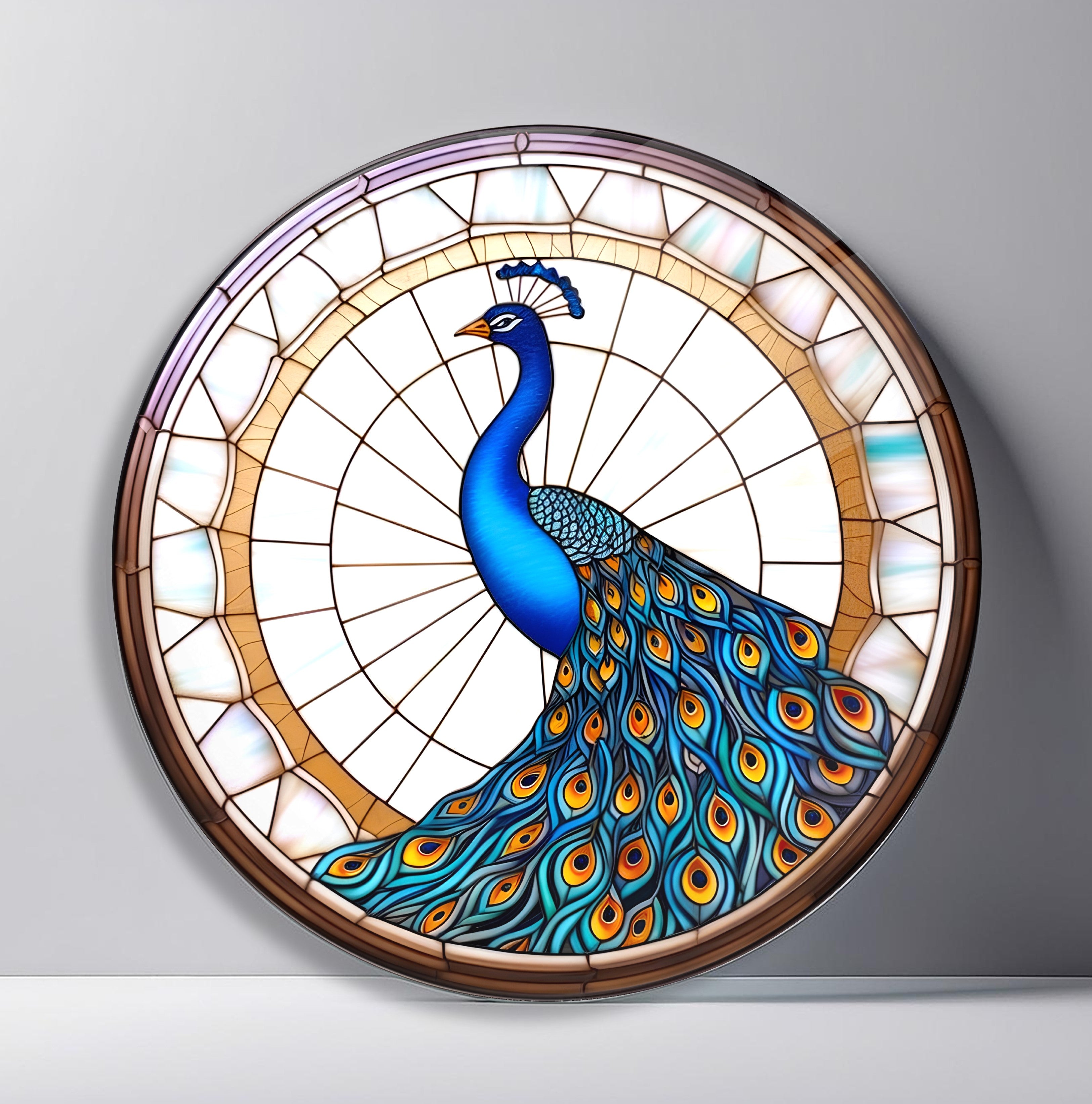 Peacock in Ivory Sunburst Window Round Glass Wall Art front view, leaning against a neutral wall