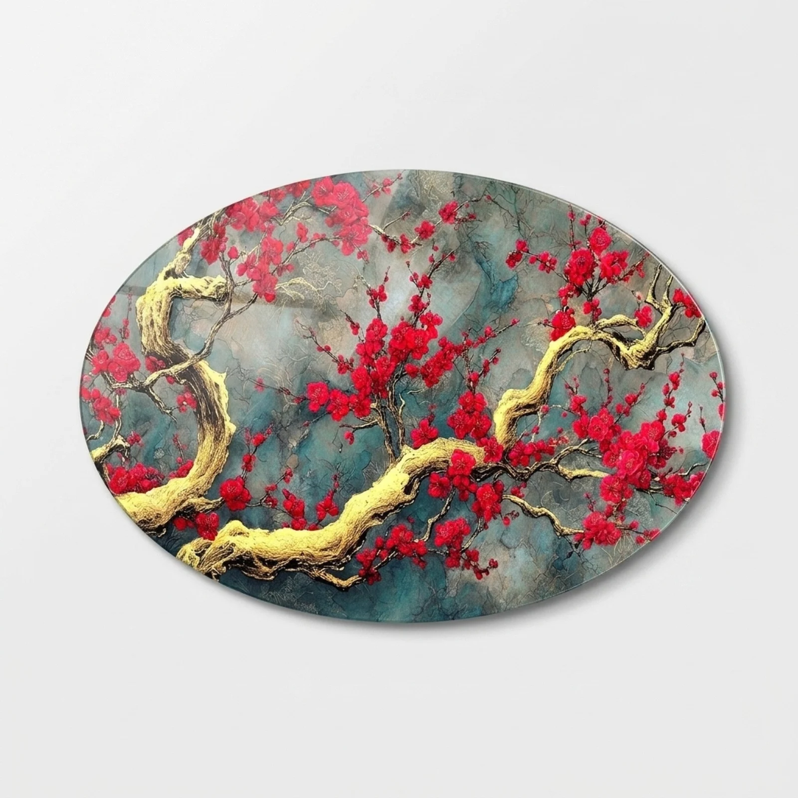 Red Blossoms on Gold Branch Horizontal Oval Glass Wall Art, front product view on a neutral background