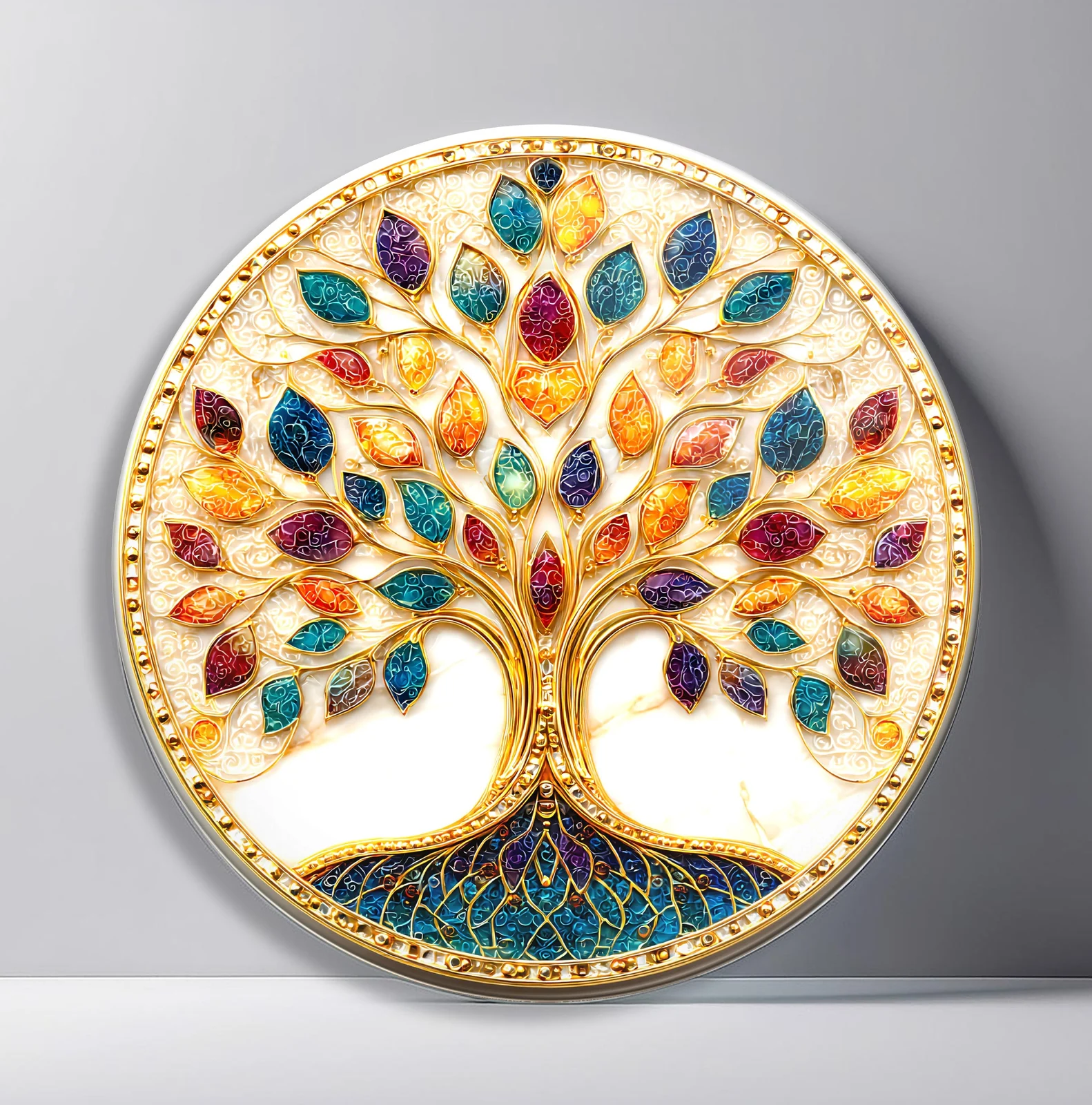 Jeweled Tree of Life Round Glass Wall Art featuring golden tree crowned with multicolor gemstone leaves