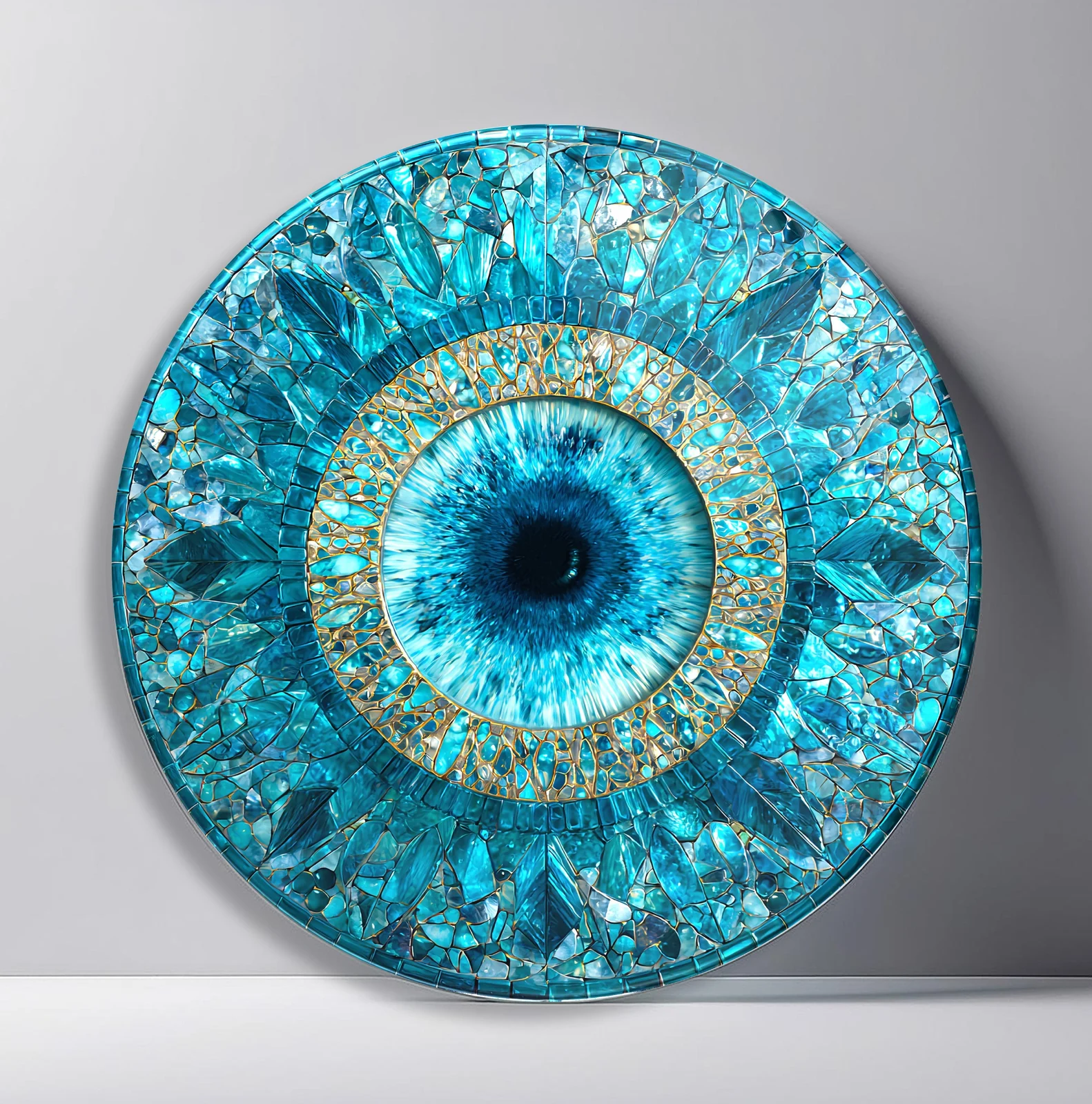 Turquoise Crystal Iris Round Glass Wall Art featuring faceted turquoise crystals framing a realistic blue iris