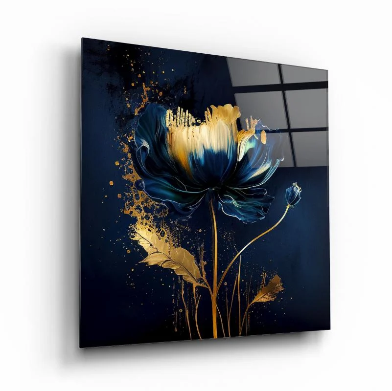Midnight Blue Flower with Gold Splash Square Wall Art, front angled view