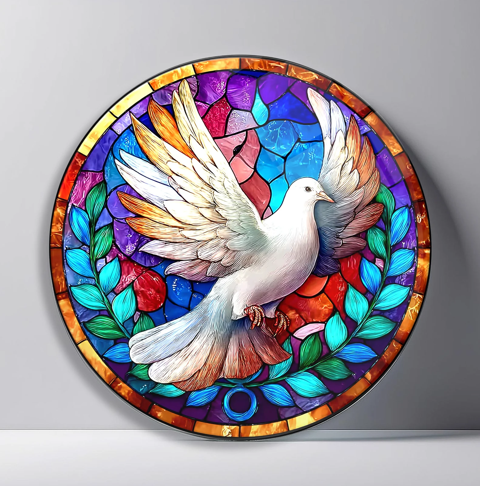 White Dove of Peace Round Glass Wall Art featuring white dove in flight against bright mosaic leaves