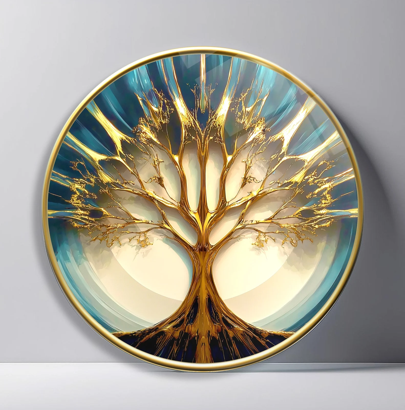 Golden Tree in Teal Light Round Glass Wall Art featuring luminous gold tree branching into radiant teal and cream light