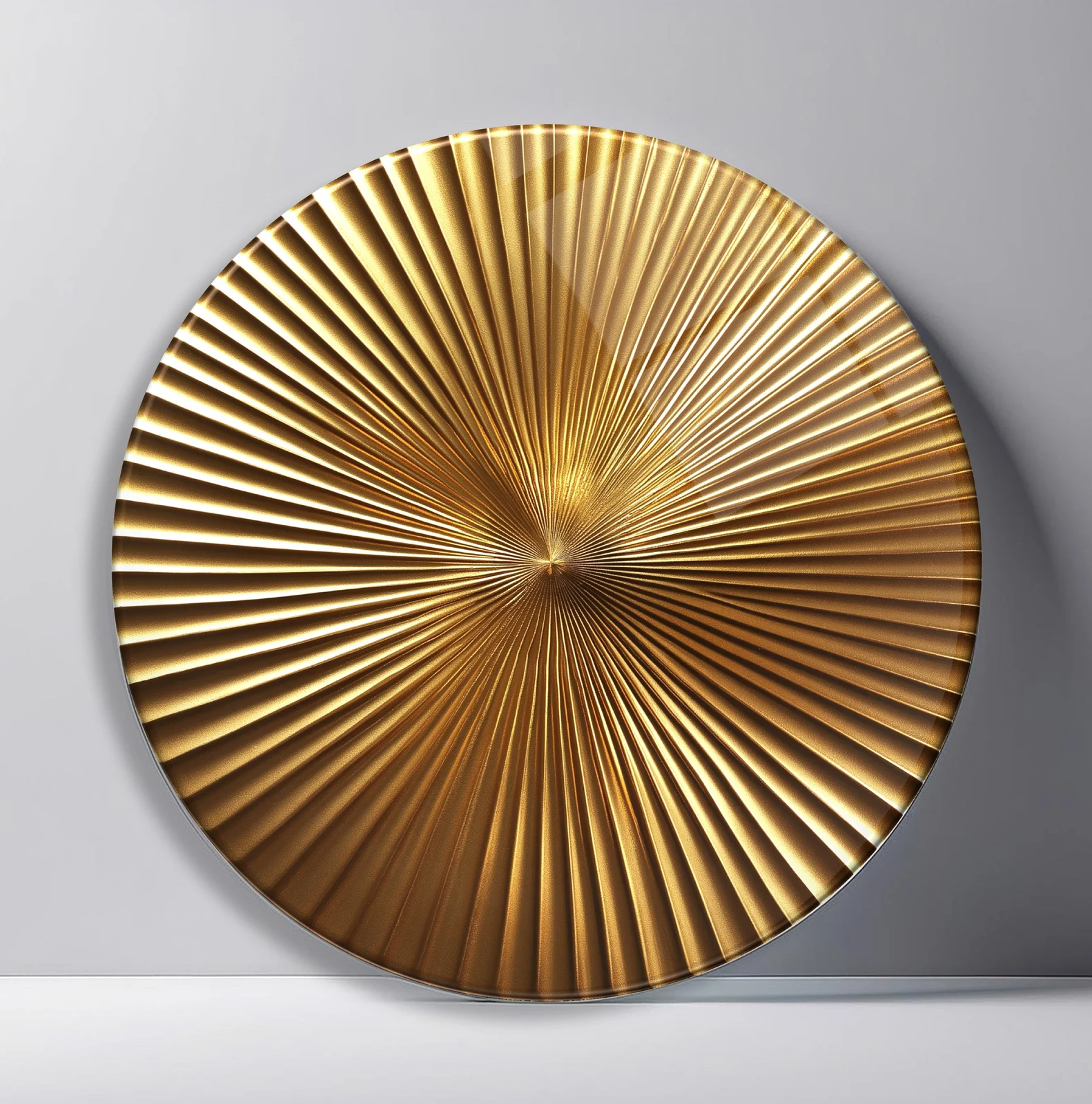 Golden Pleated Sunburst Round Glass Wall Art featuring precise metallic folds radiating from a small center