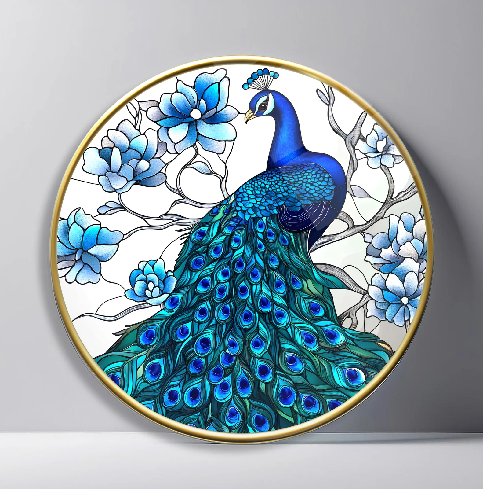 Sapphire Peacock with Magnolia Blooms Round Glass Wall Art featuring blue peacock posed among large pale blue magnolia flowers