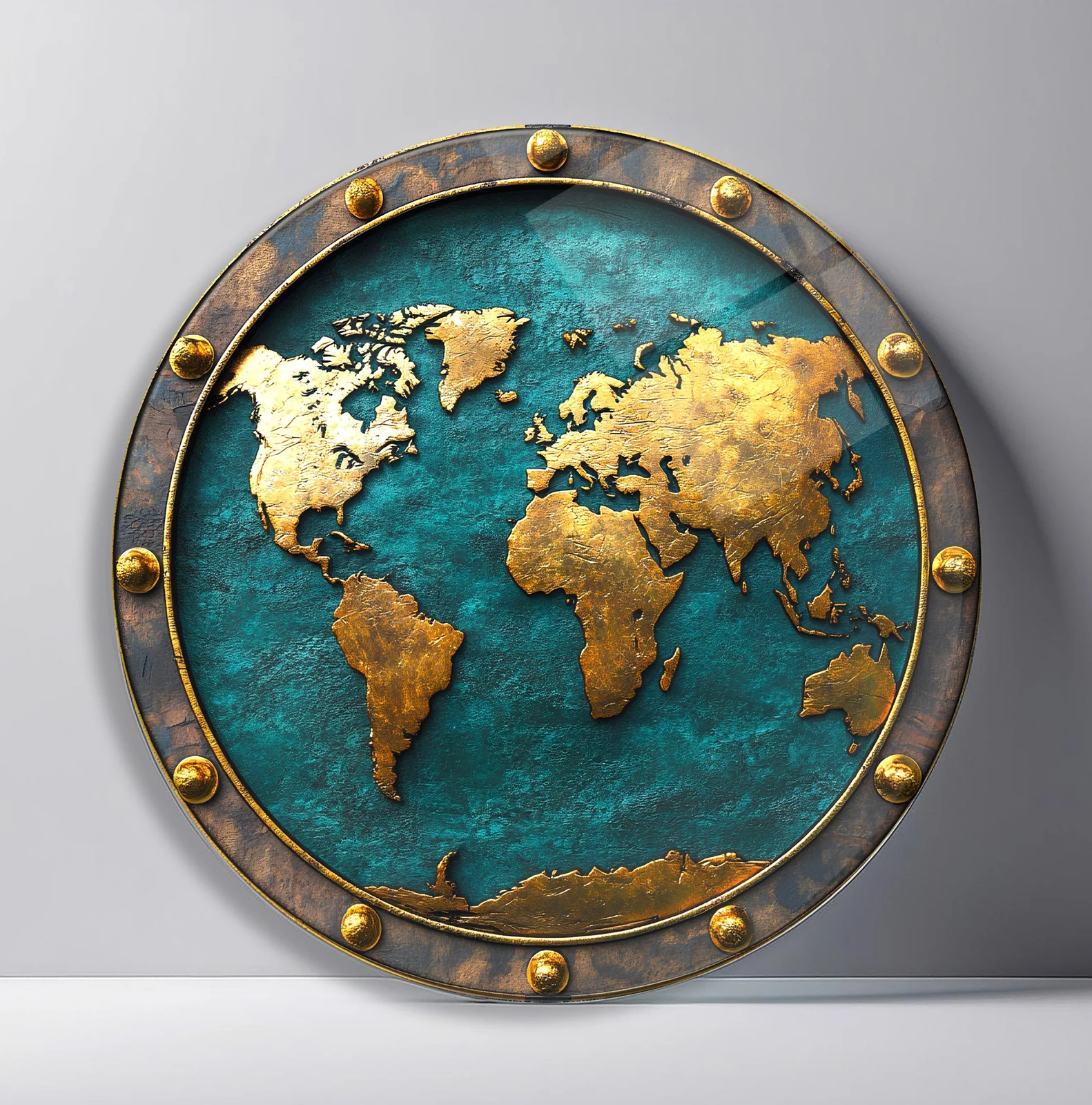 Antique Teal World Map Round Glass Wall Art featuring gold continents set on a weathered teal globe with studded border