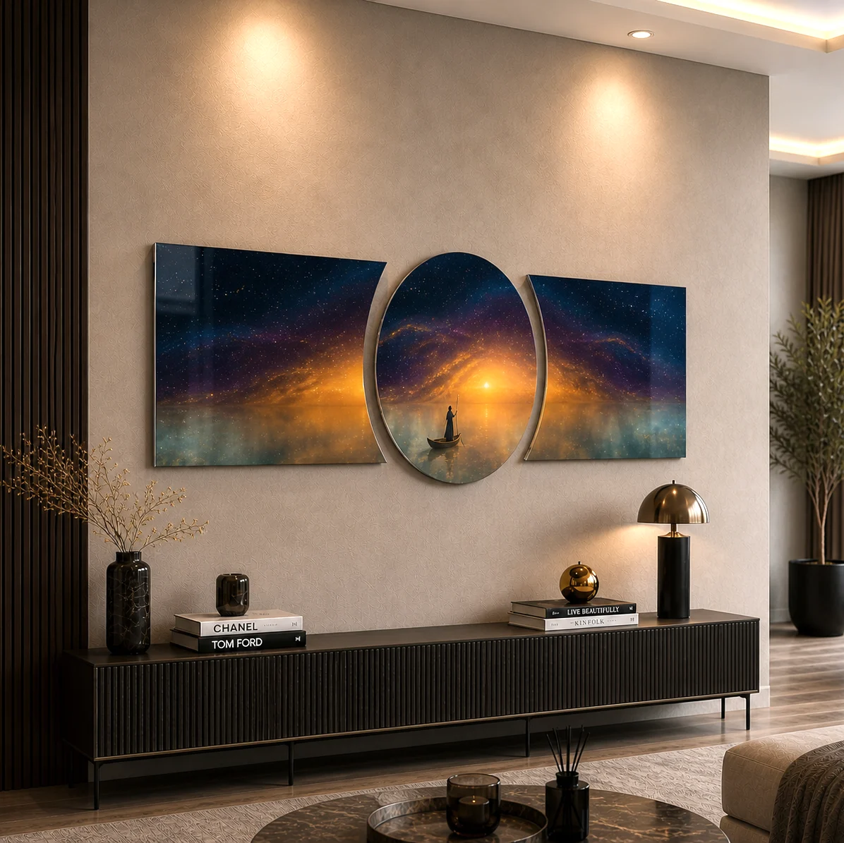 Sunset Canoe Custom-Cut Three-Piece Glass Wall Art, displayed above a console in a warm modern living room