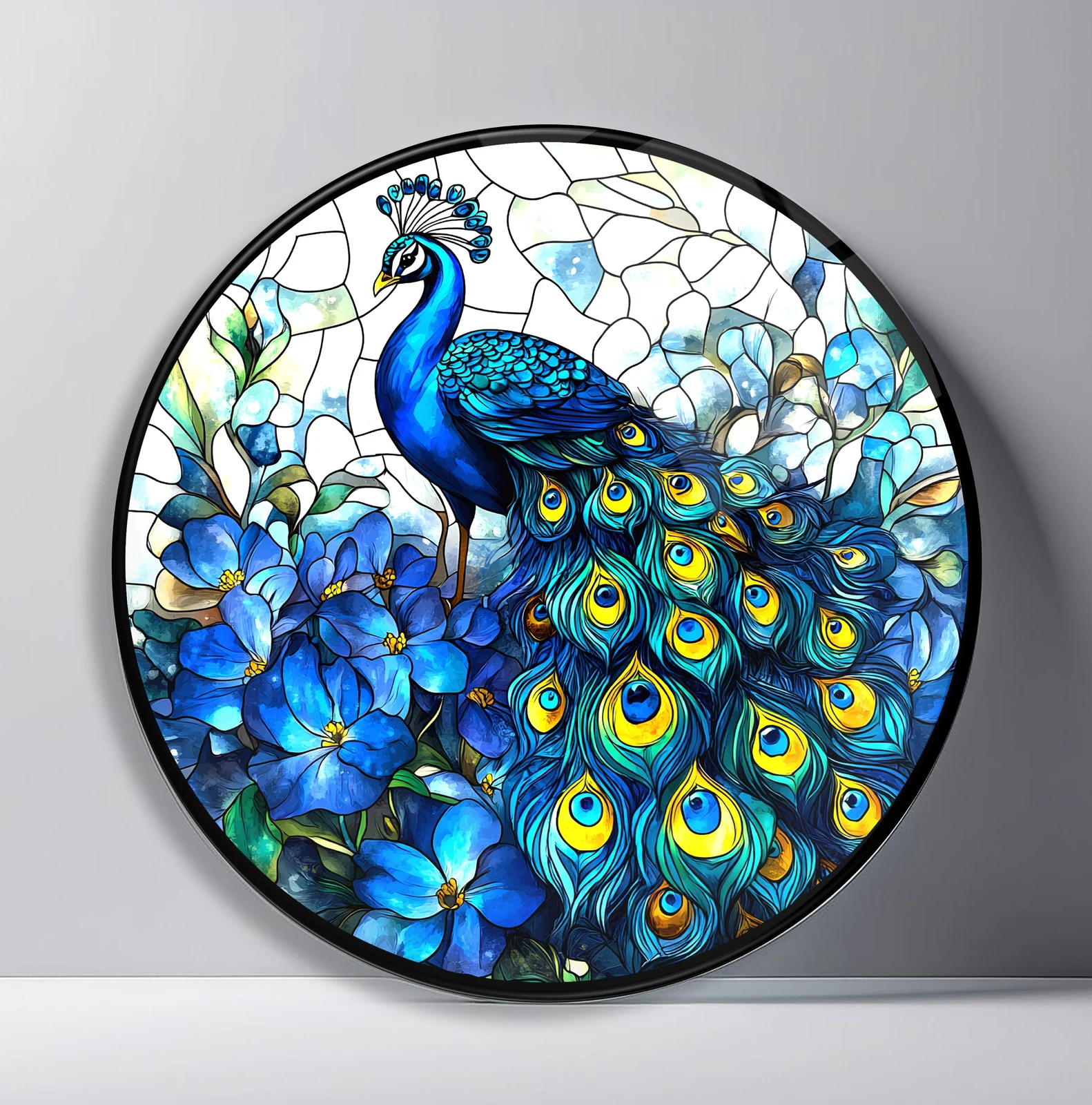 Royal Peacock and Blue Hydrangeas Round Glass Wall Art featuring regal blue peacock surrounded by lush blue blossoms
