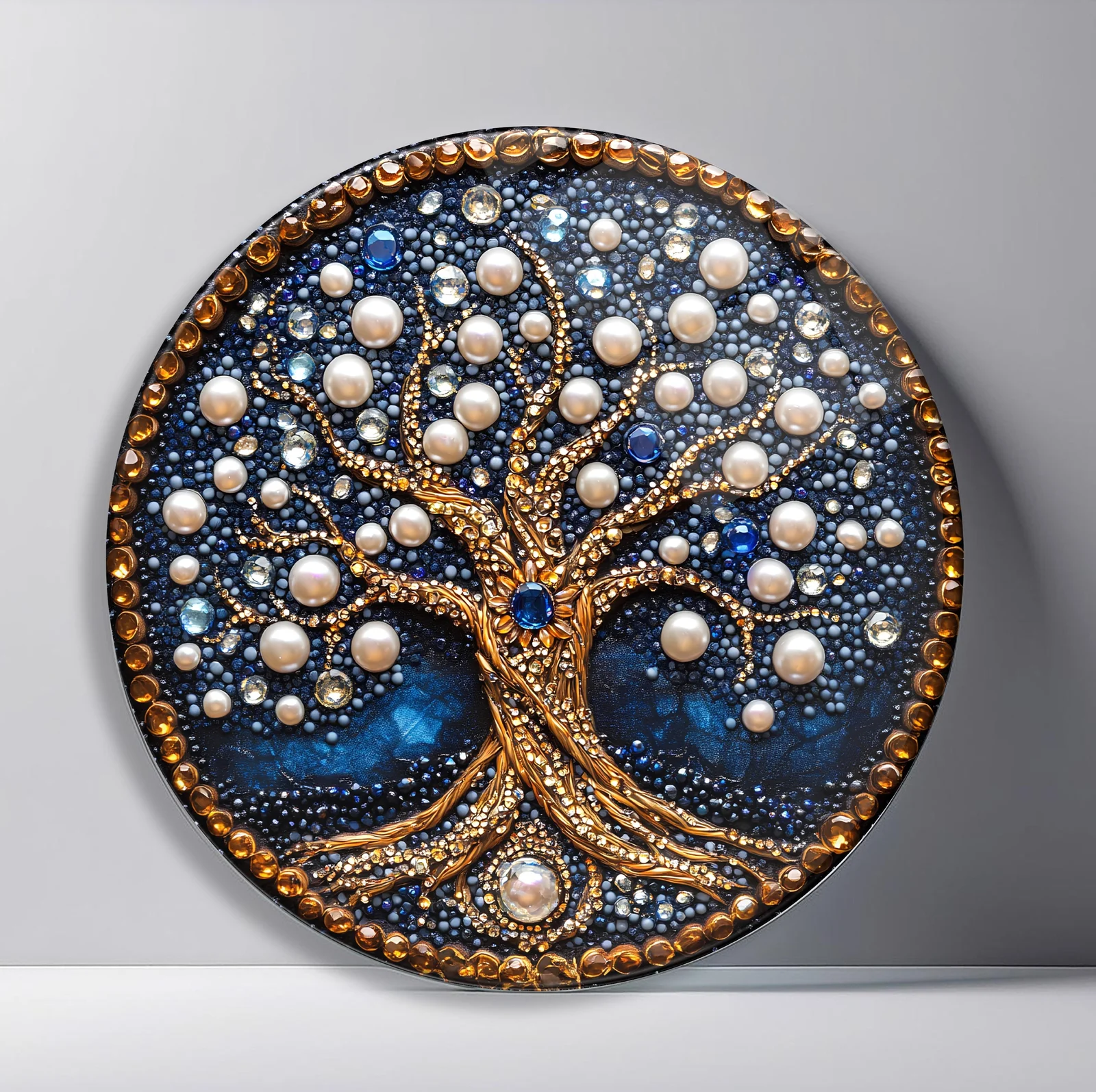 Pearl Tree of Abundance Round Glass Wall Art featuring ornate gold tree crowned with dozens of luminous pearl-like spheres