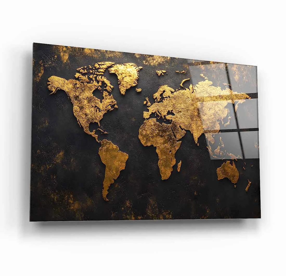 Gold World Map Tempered Glass Wall Art, primary product view, model GLS1285
