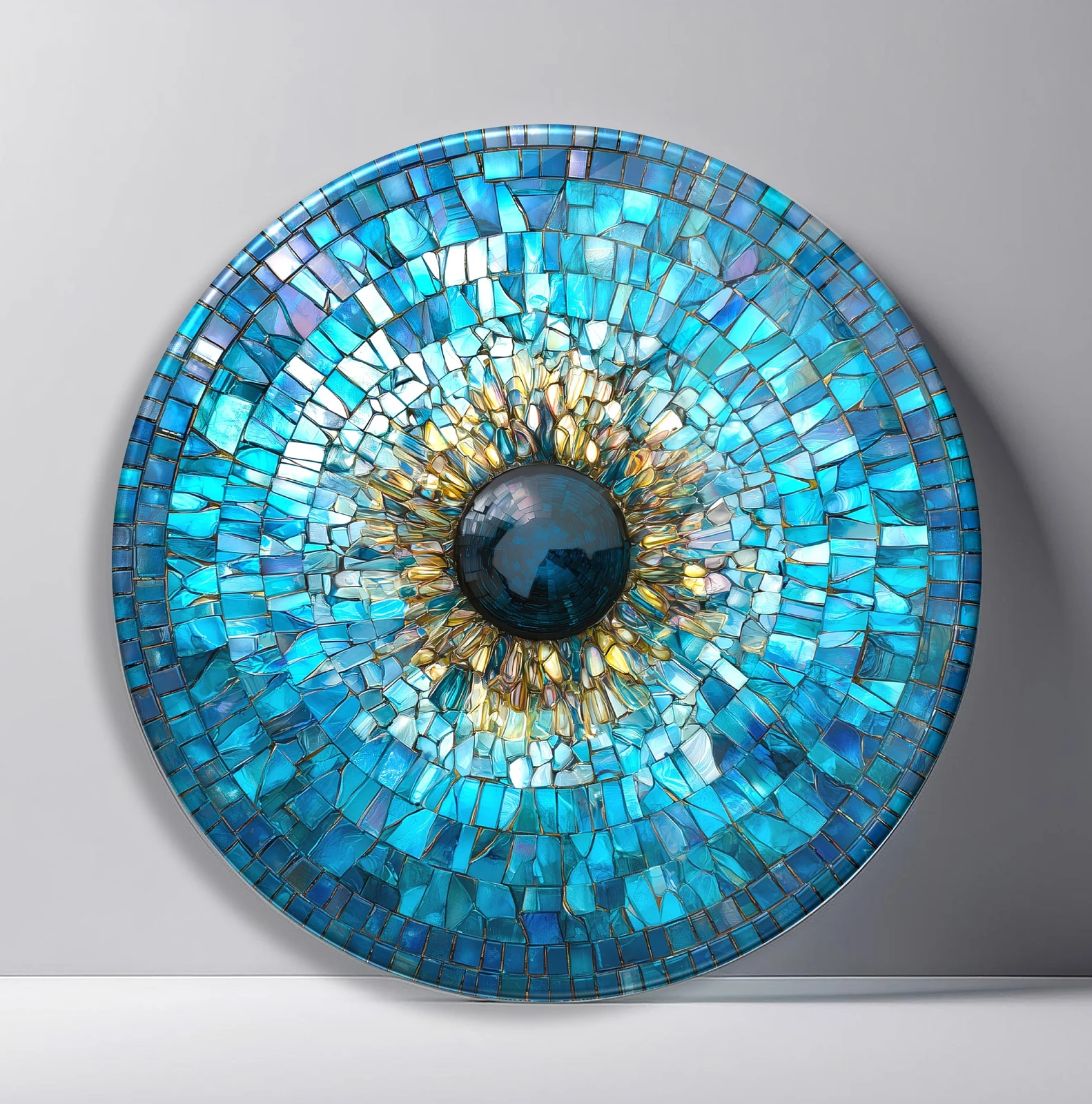 Blue Gold Crystal Iris Round Glass Wall Art featuring turquoise glass tiles surrounding a dark faceted center with gold highlights