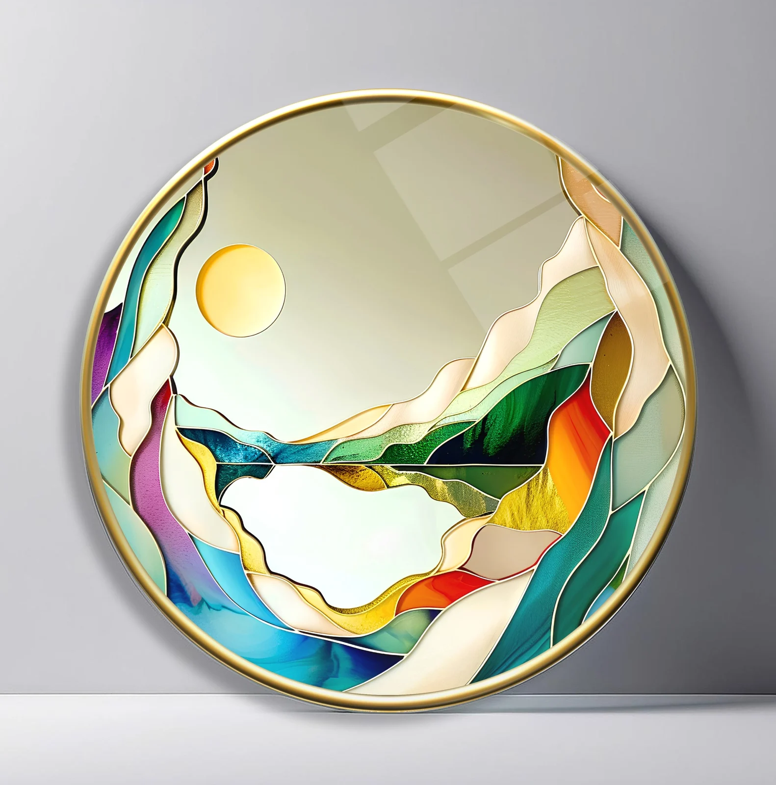 Golden Sun Over Emerald Valley Round Glass Wall Art featuring abstract sun above layered white cliffs and green valley forms