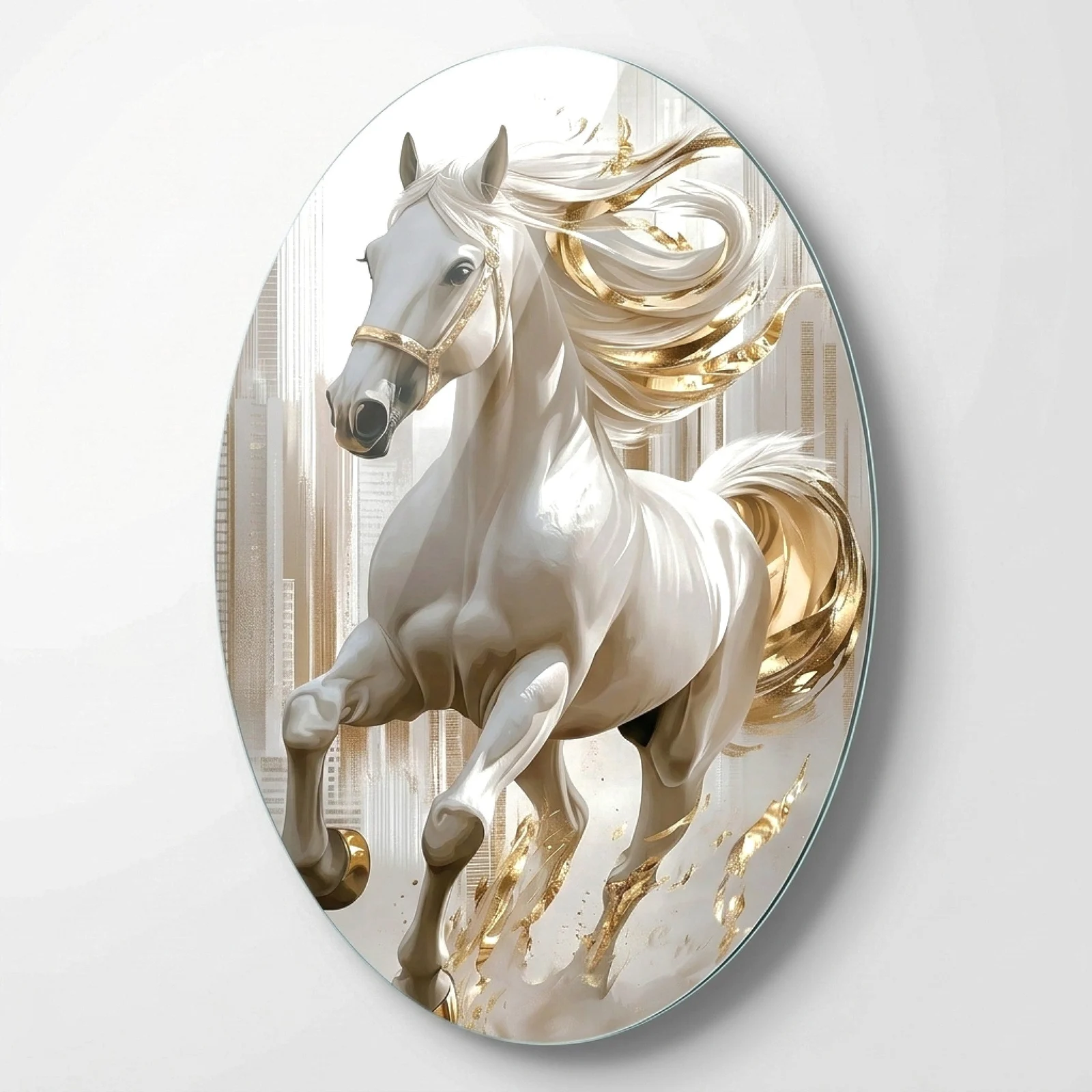 White and Gold Running Horse Oval Glass Wall Art, front product view on a neutral background