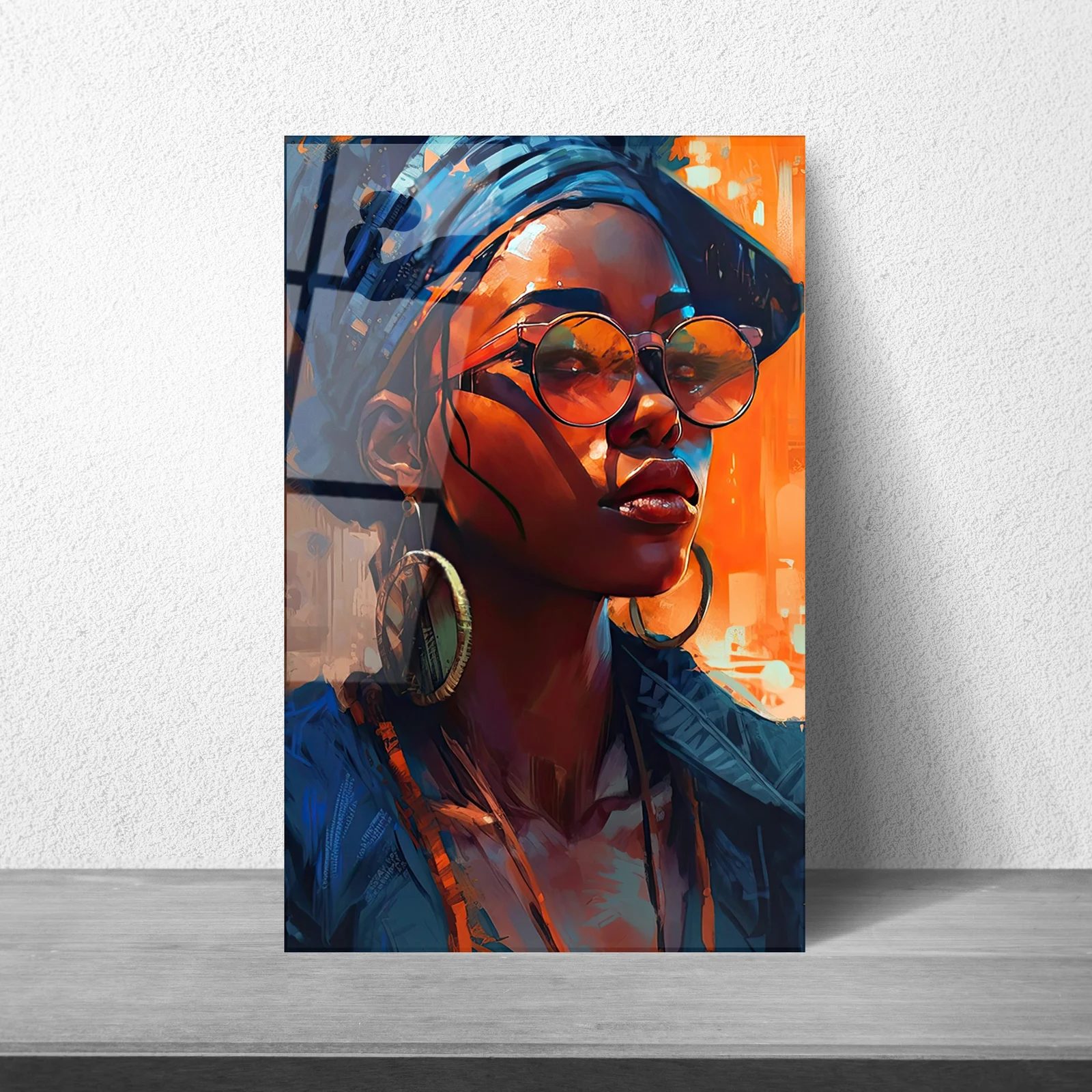 Painterly woman in sunglasses glass wall art styled in a contemporary interior