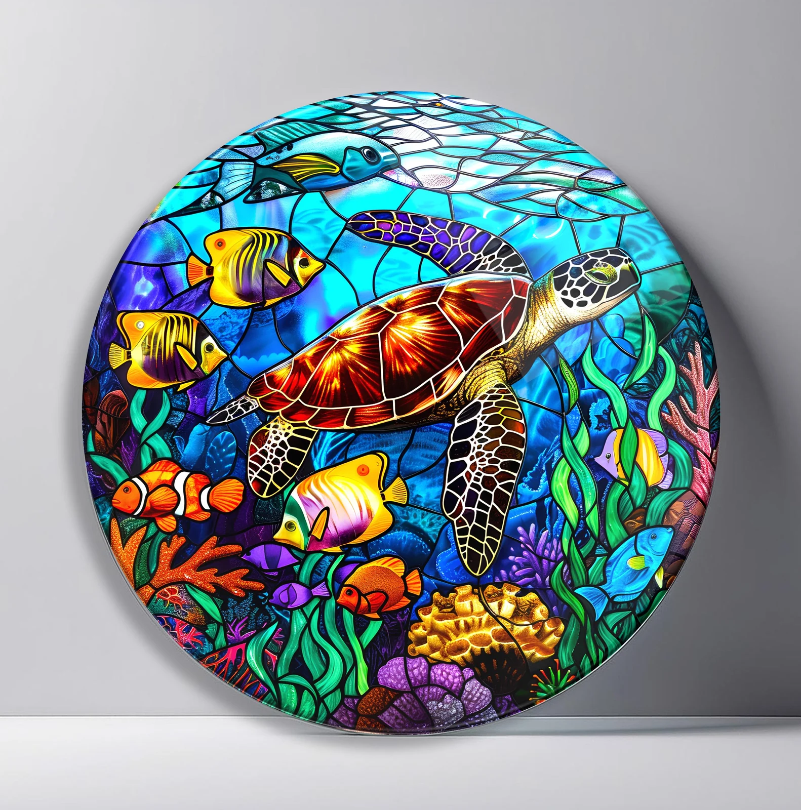 Tropical Turtle Reef Round Glass Wall Art featuring sea turtle gliding among tropical fish and dense coral