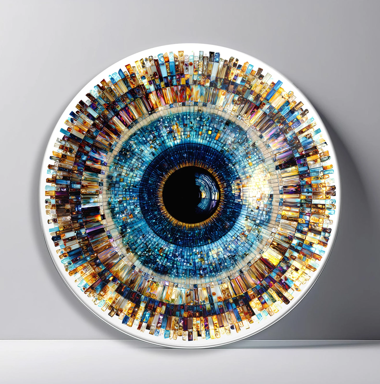 Midnight Blue Crystal Orbit Round Glass Wall Art featuring layered blue, cream, and amber glass bars circling a dark center