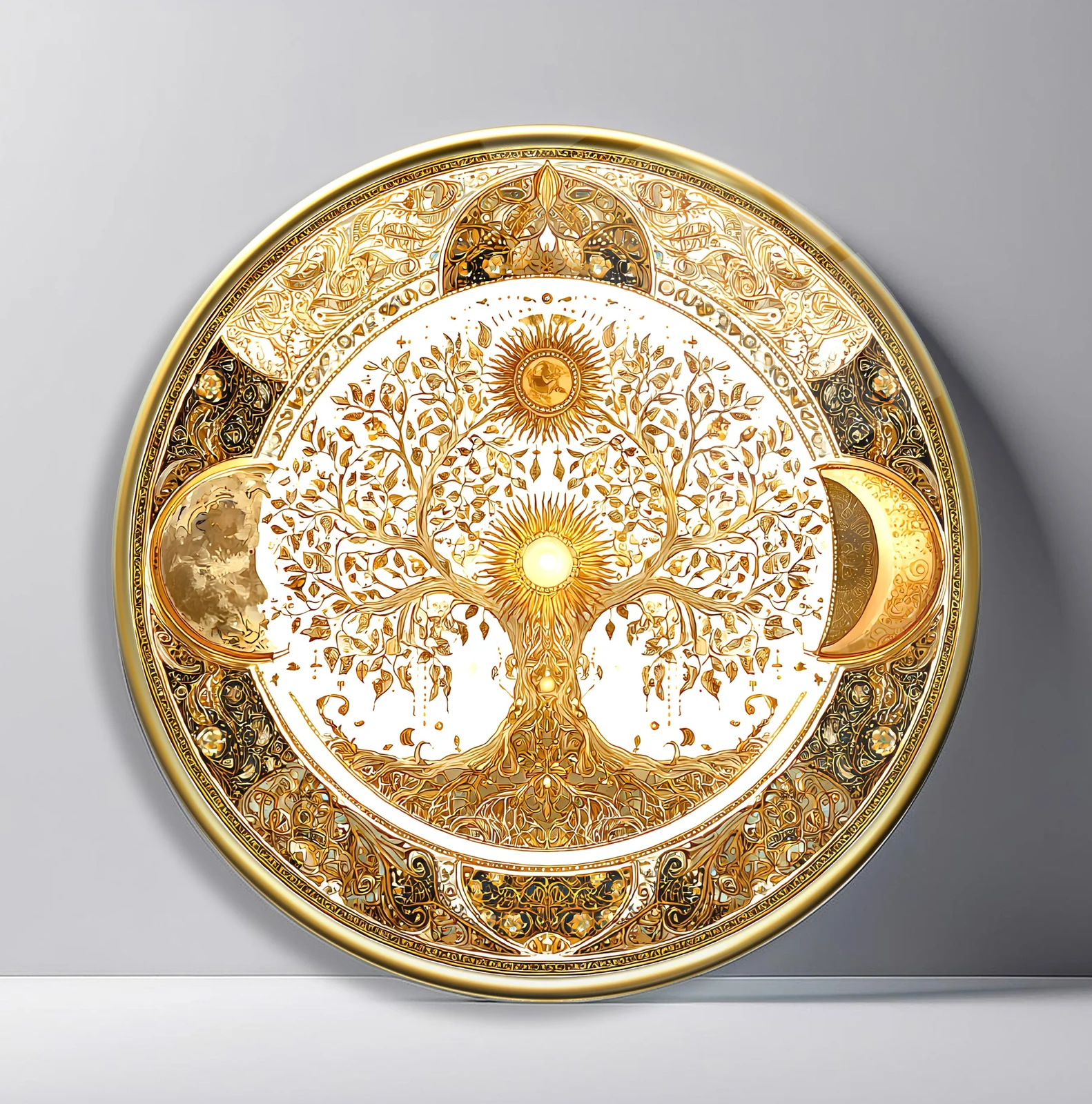 Golden Cosmic Tree Mandala Round Glass Wall Art featuring fine golden tree framed by sun and moon celestial ornament