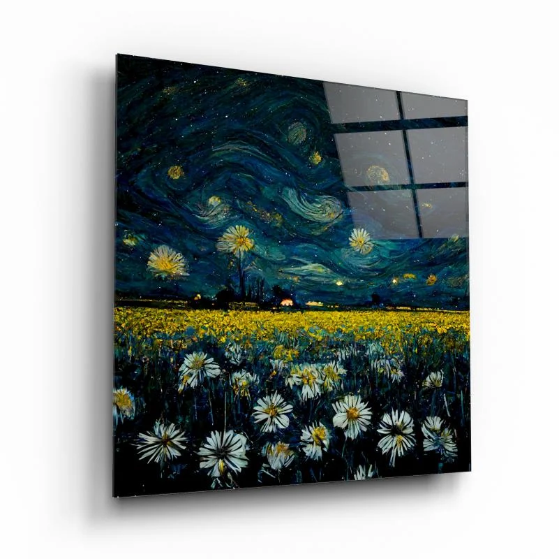 Whirling Night Over Daisies Square Glass Wall Art, front angled view