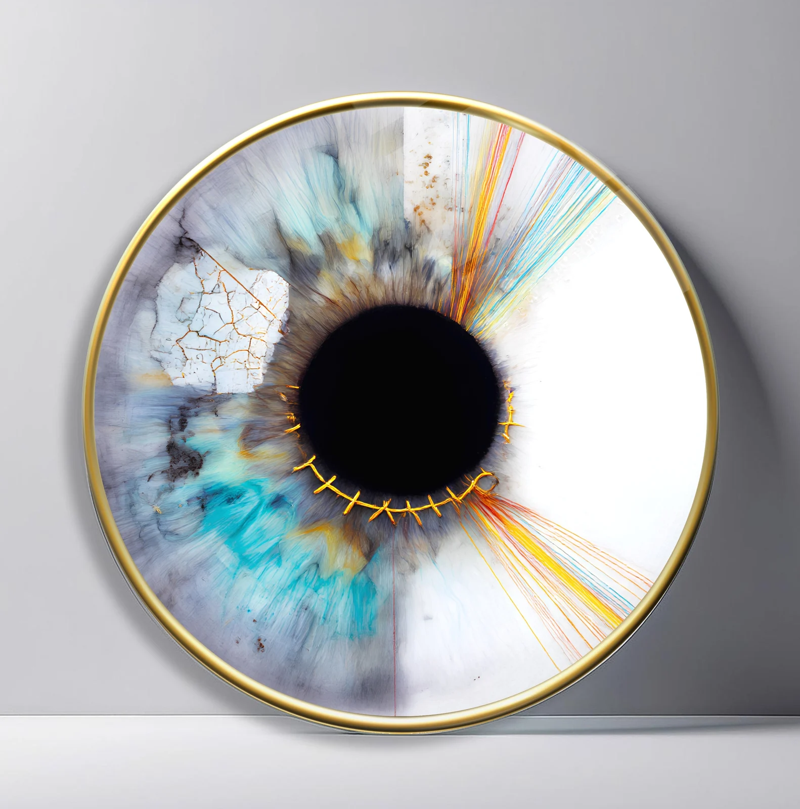 Prismatic Iris Burst Round Glass Wall Art featuring pale blue, gold, and rainbow rays exploding around a black center