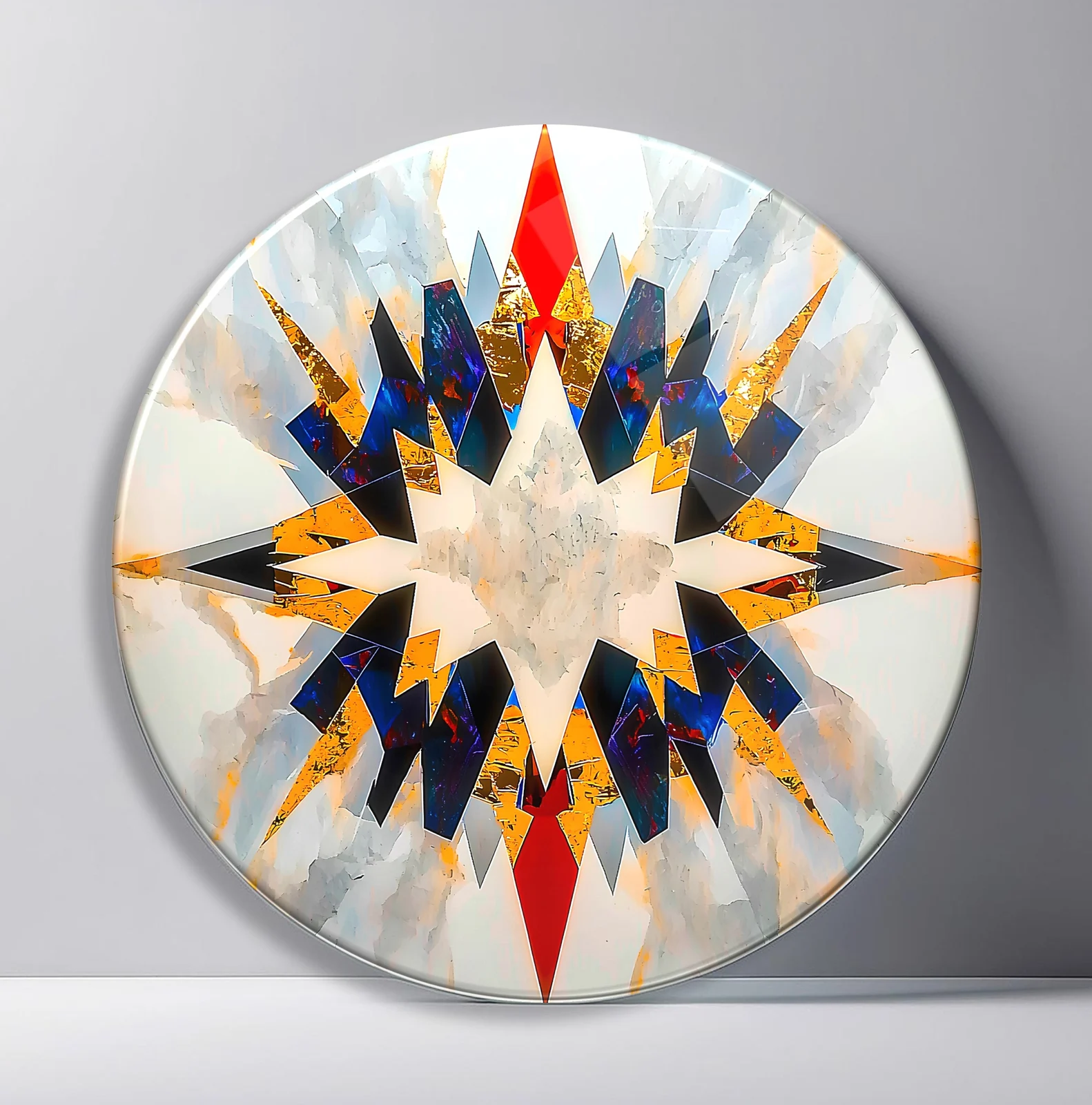 Geometric Crystal Star Round Glass Wall Art featuring sharp blue, orange, gold, and black facets forming an eight-point star