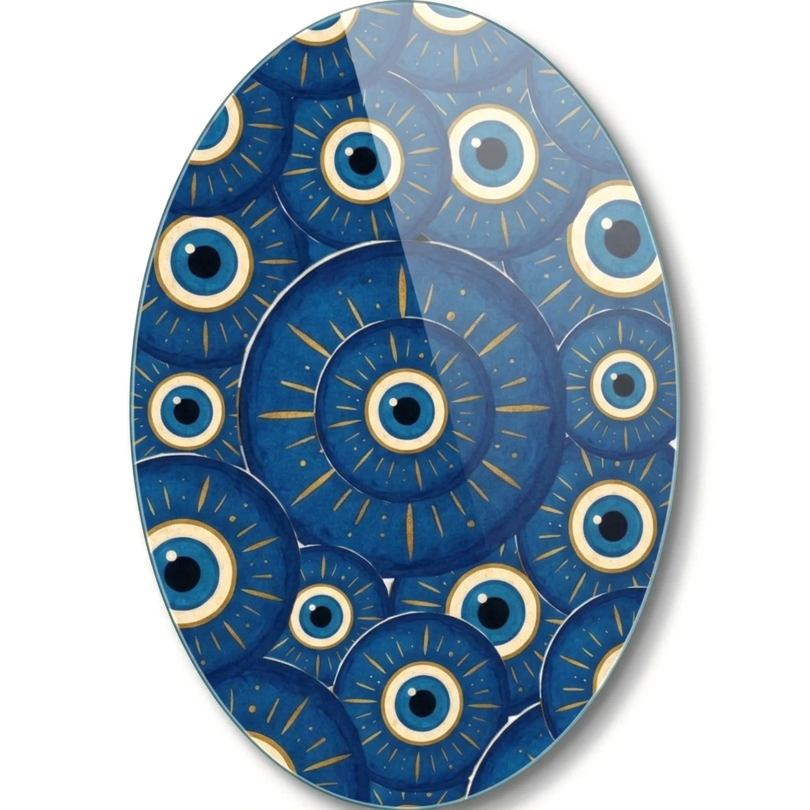 Blue Evil Eye Pattern Oval Glass Wall Art, front product view on a neutral background