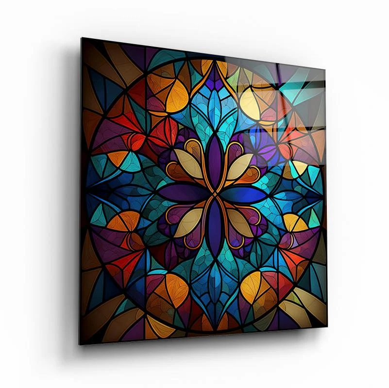 Jeweled Stained Glass Mandala Square Wall Art, front angled view