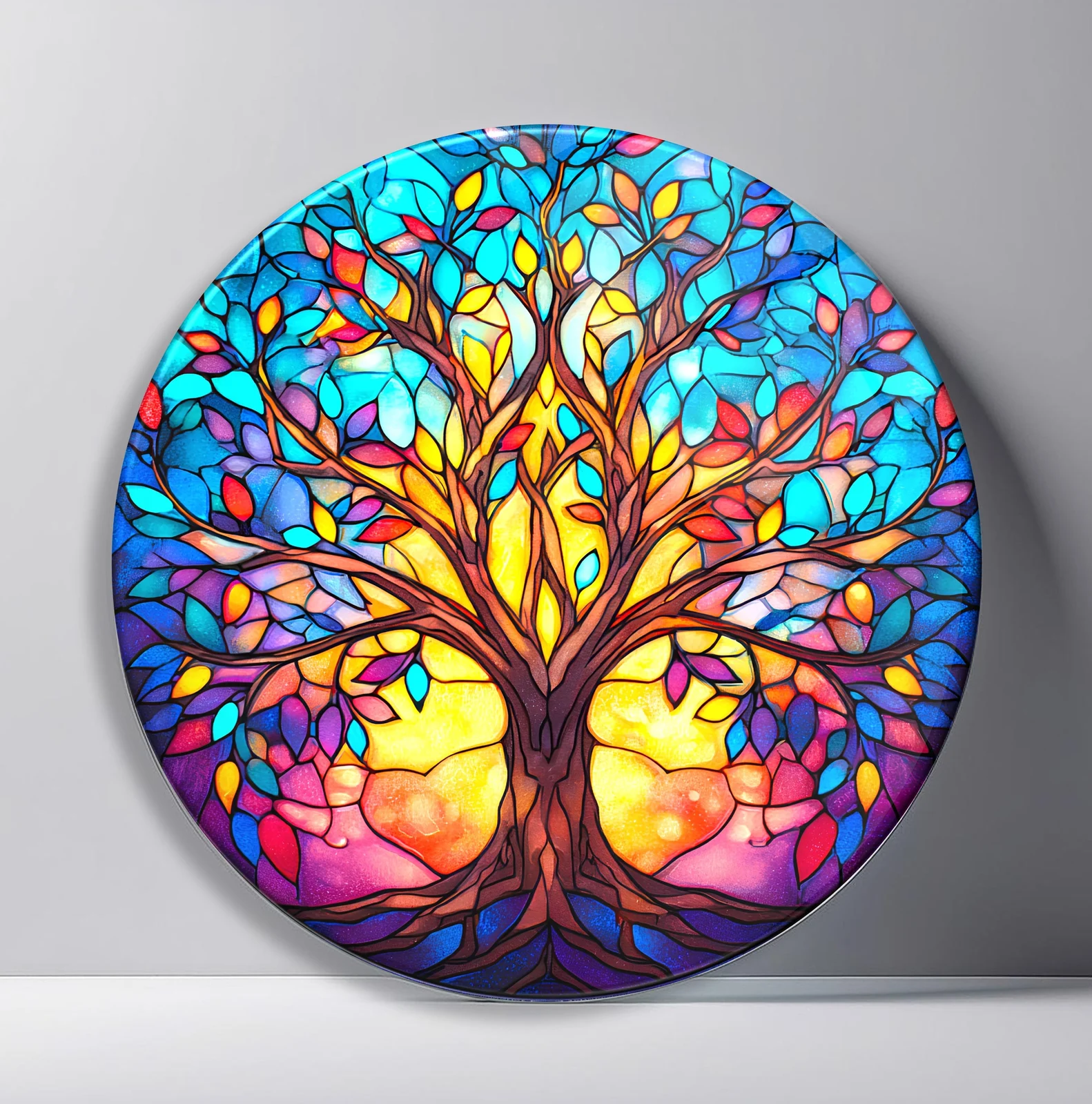Rainbow Twilight Tree Round Glass Wall Art featuring branching tree filled with vivid leaves against a glowing sunset