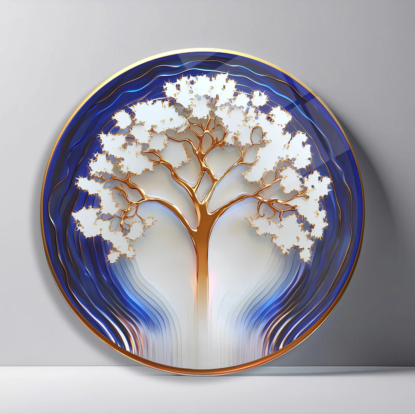 White Tree in Indigo Flow Round Glass Wall Art featuring golden trunk and white canopy rising through layered indigo waves