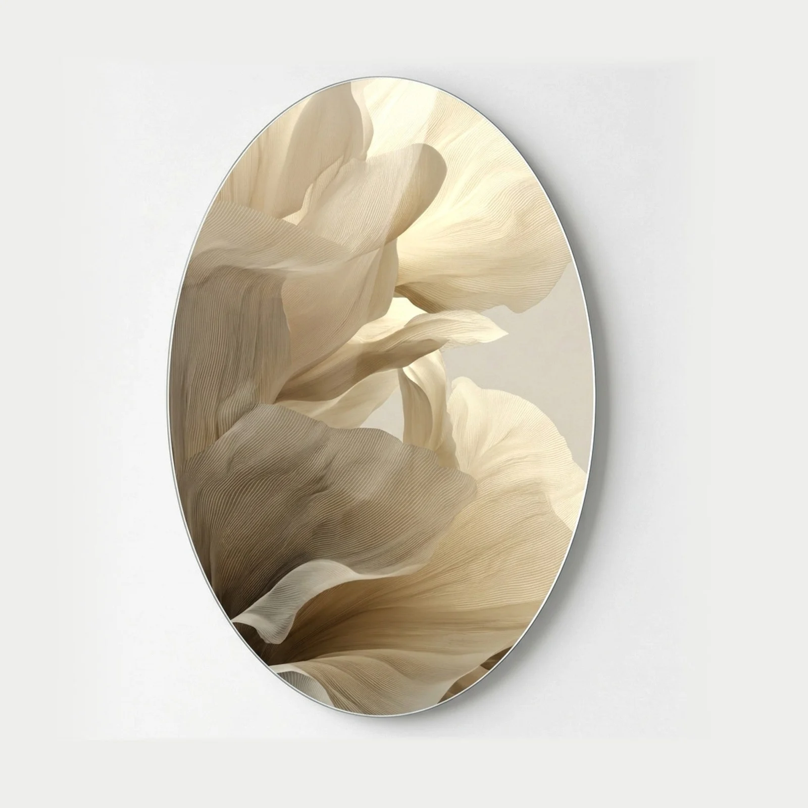 Cream Petal Texture Abstract Oval Glass Wall Art, front product view on a neutral background