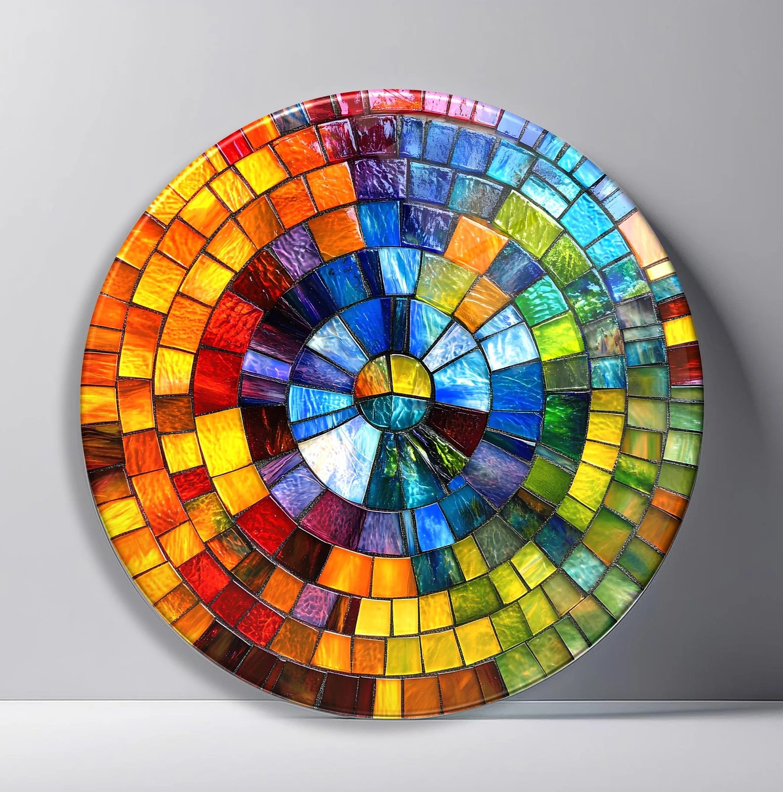 Rainbow Cathedral Mosaic Round Glass Wall Art featuring concentric bands of multicolored glass tiles radiating from the center