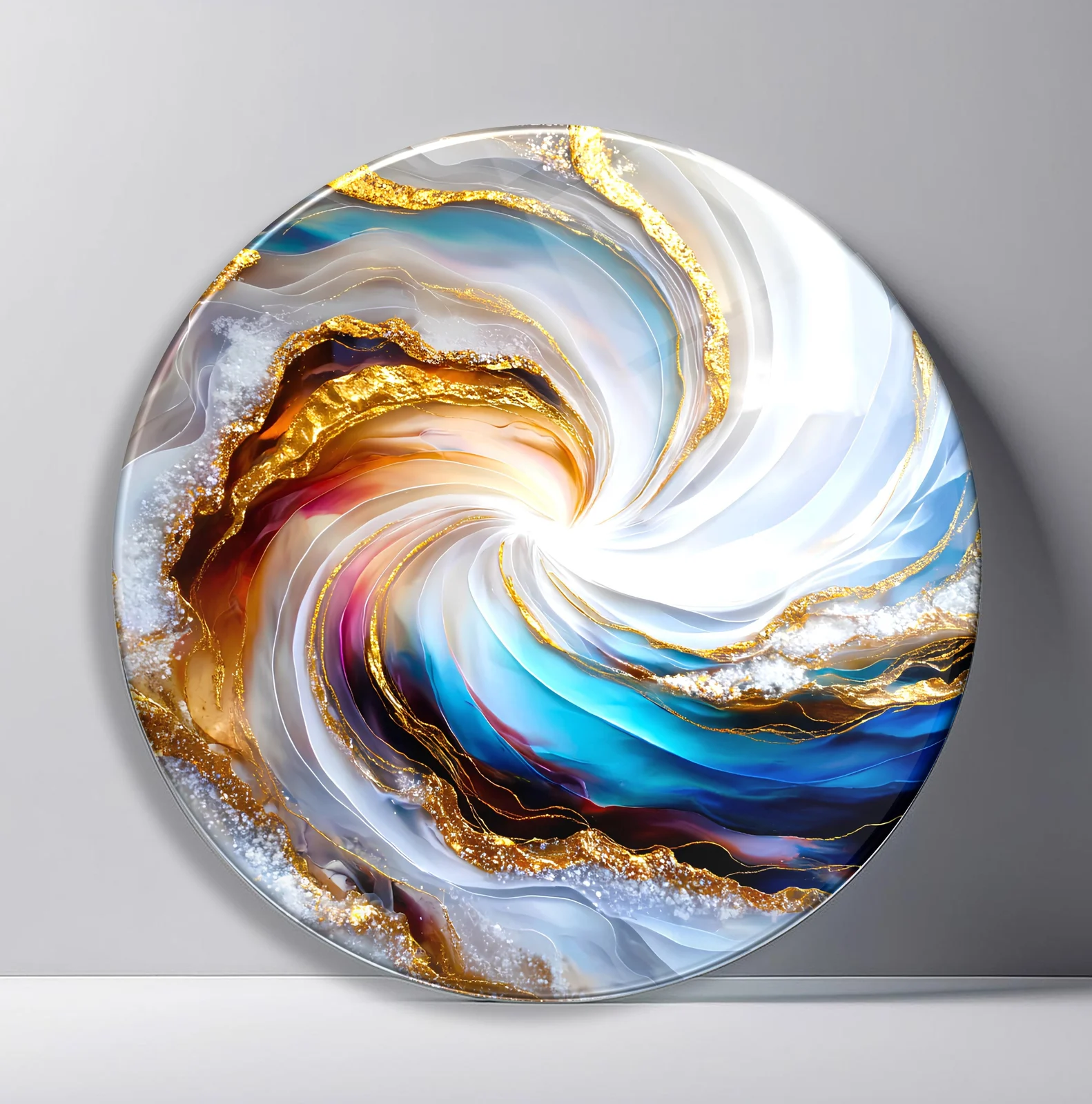 Pearl Gold Ocean Vortex Round Glass Wall Art featuring white, blue, rose, and gold mineral waves twisting into a luminous spiral