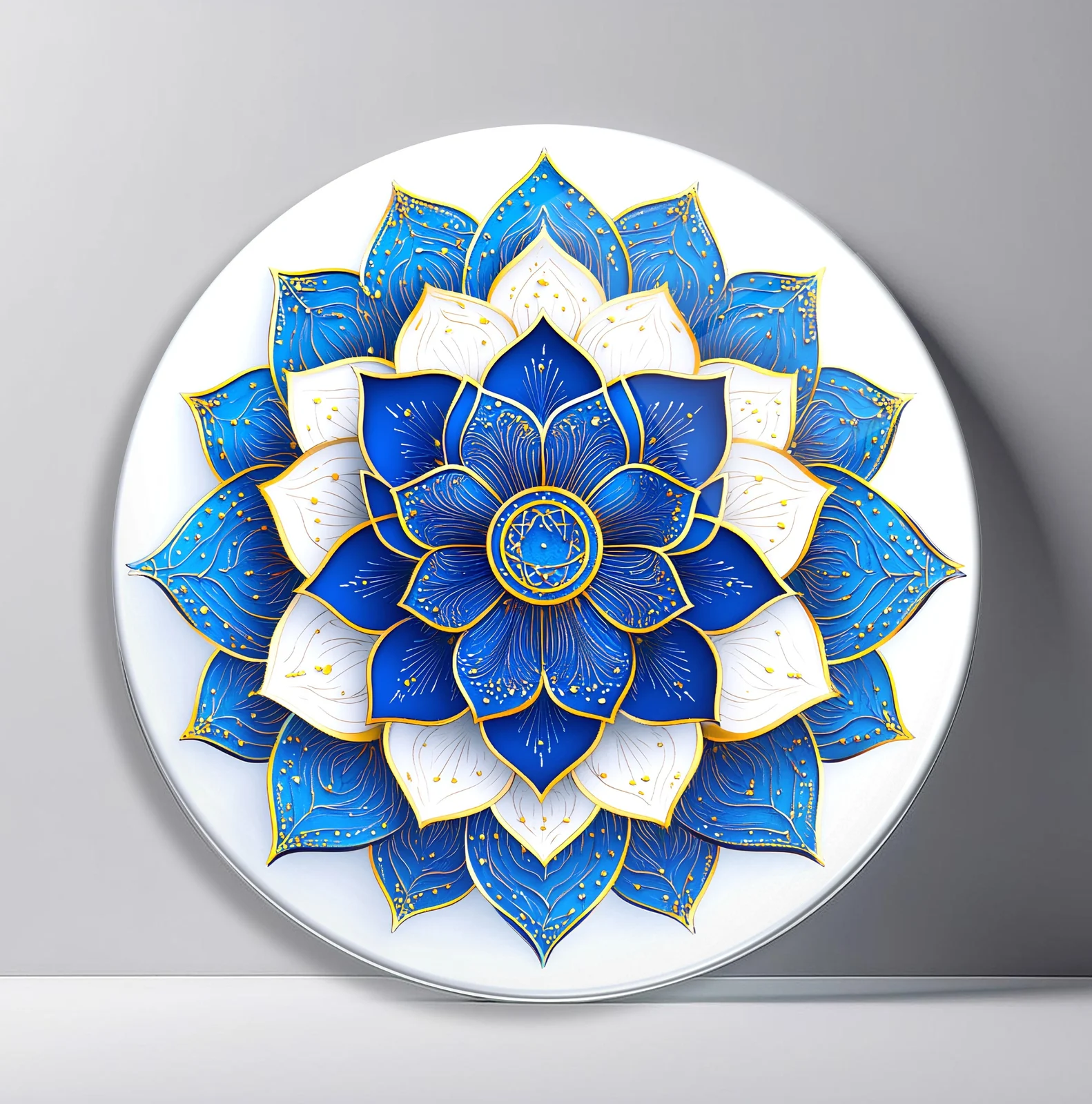 Royal Blue Lotus Mandala Round Glass Wall Art featuring layered blue and white lotus petals outlined in gold