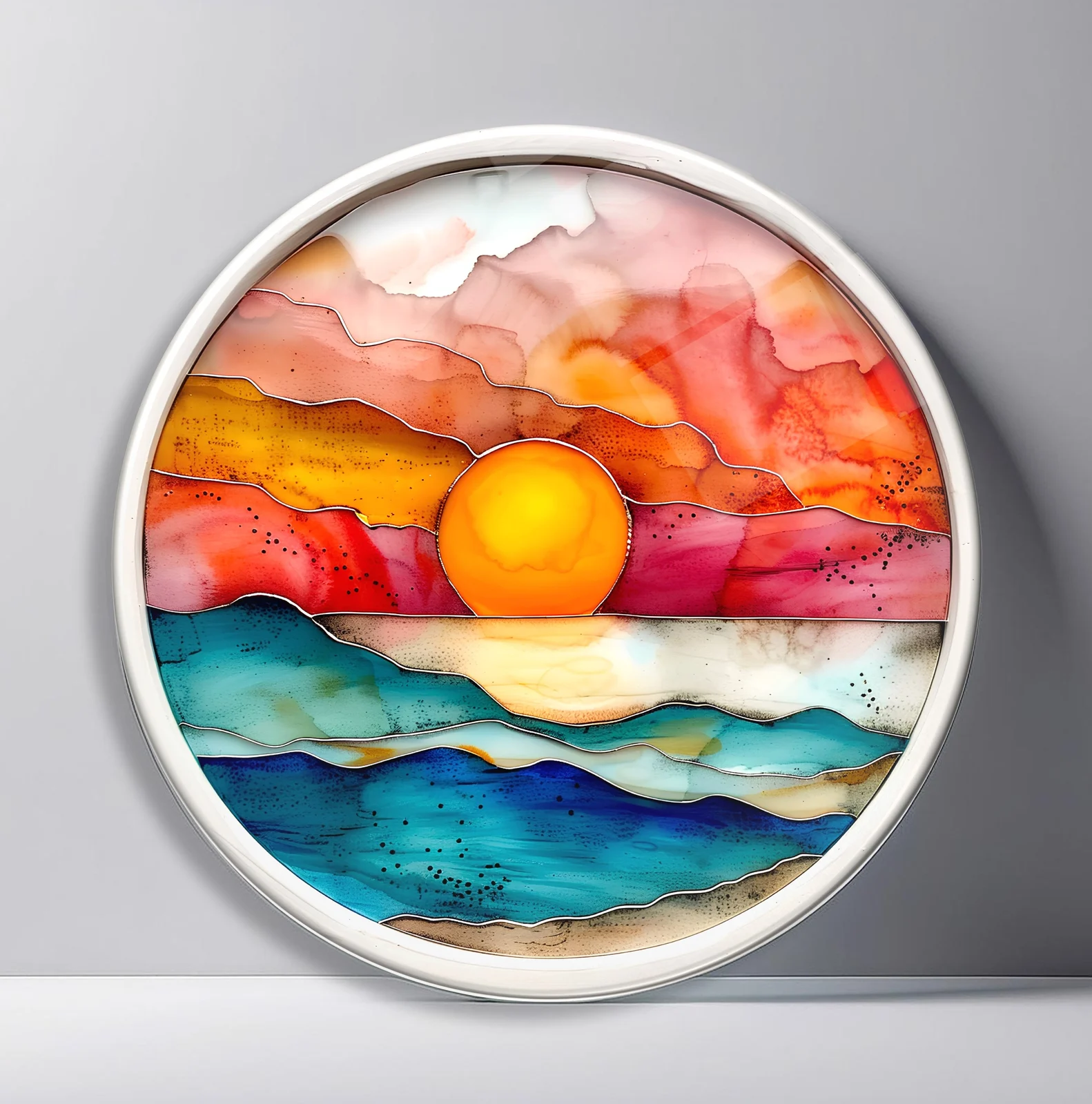 Watercolor Sunset Over Teal Waves Round Glass Wall Art featuring sun sinking behind layered mountains and ocean waves