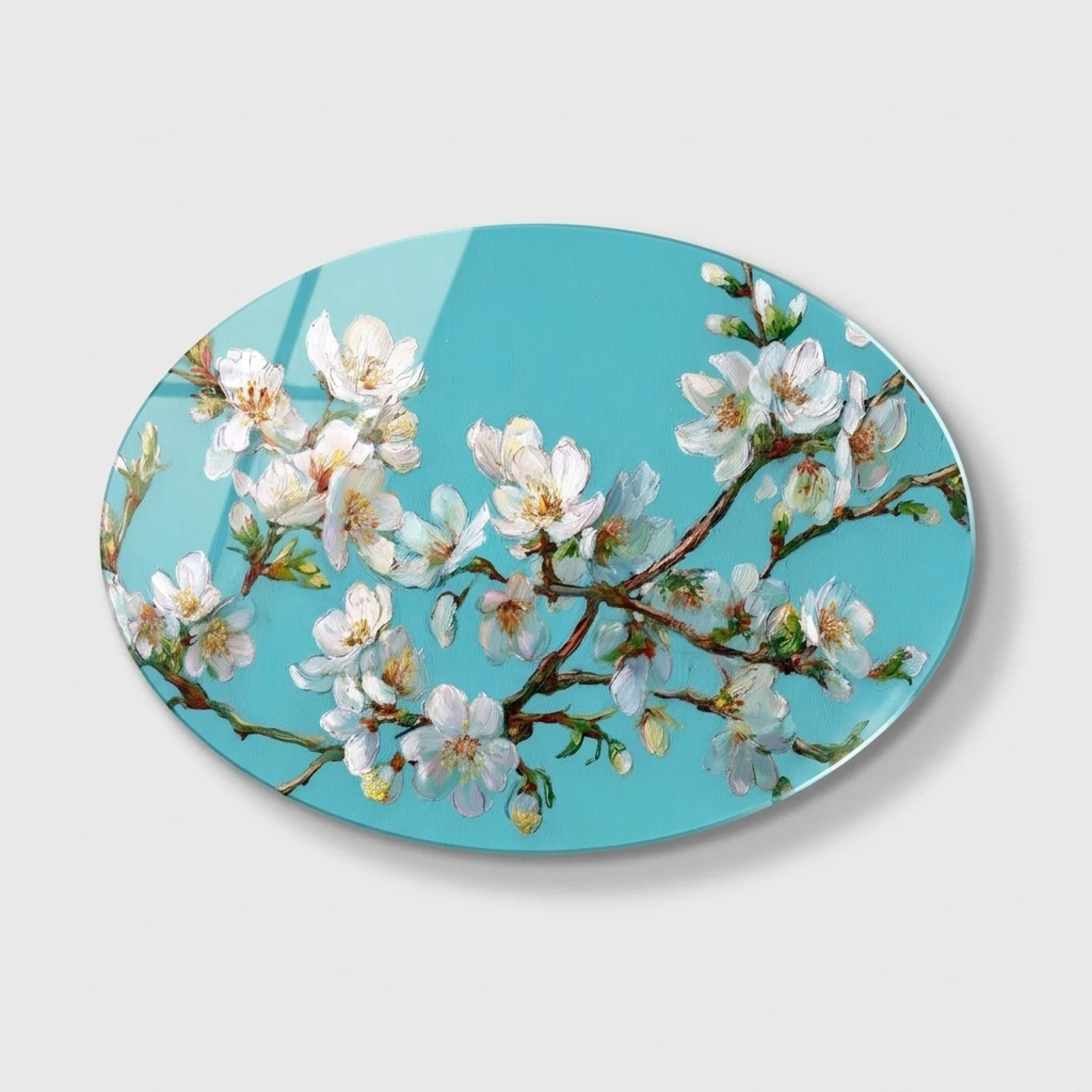 White Blossoms on Turquoise Horizontal Oval Glass Wall Art, front product view on a neutral background