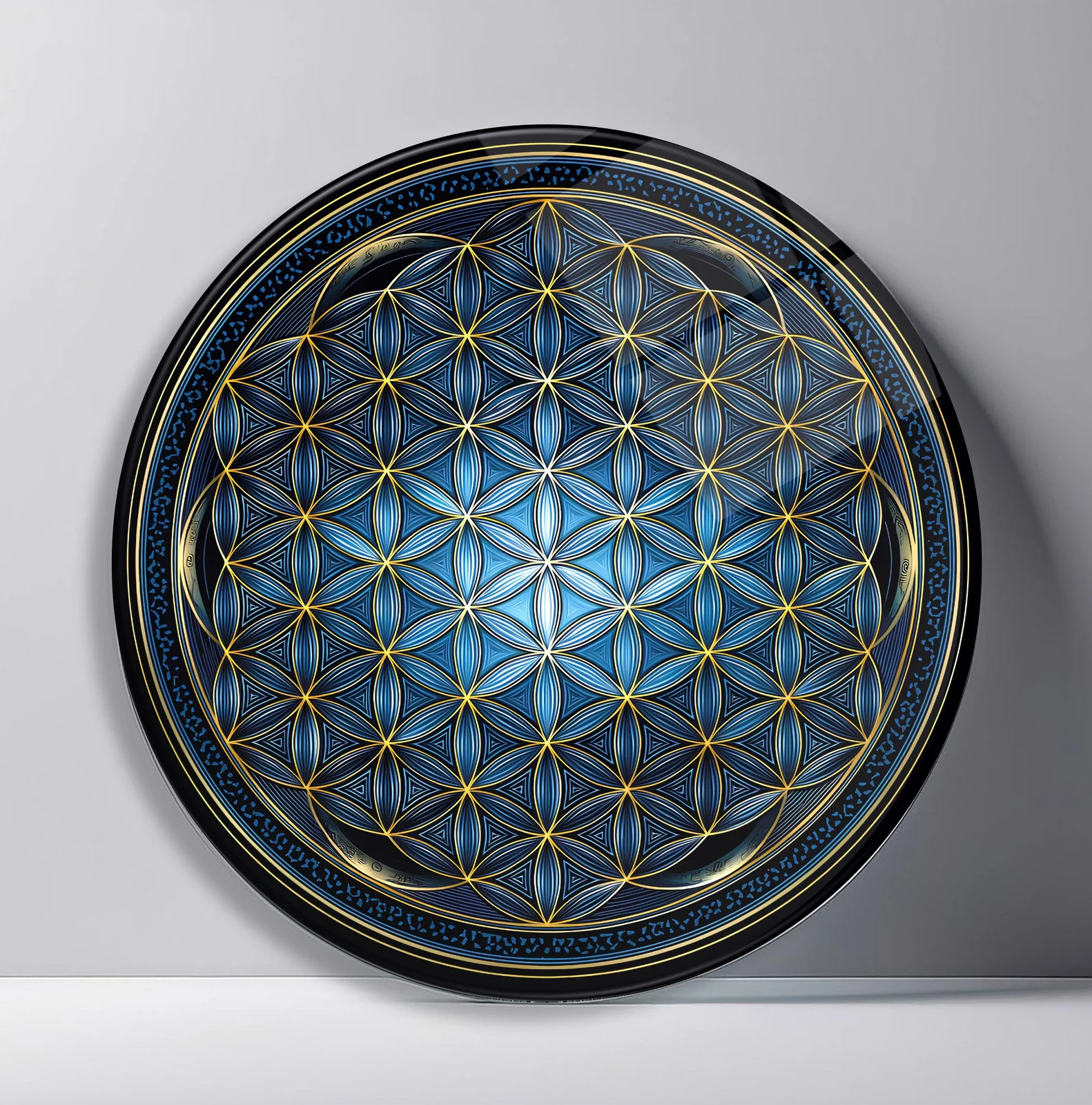 Blue Gold Flower of Life Round Glass Wall Art featuring gold sacred geometry layered over a deep blue radiant center