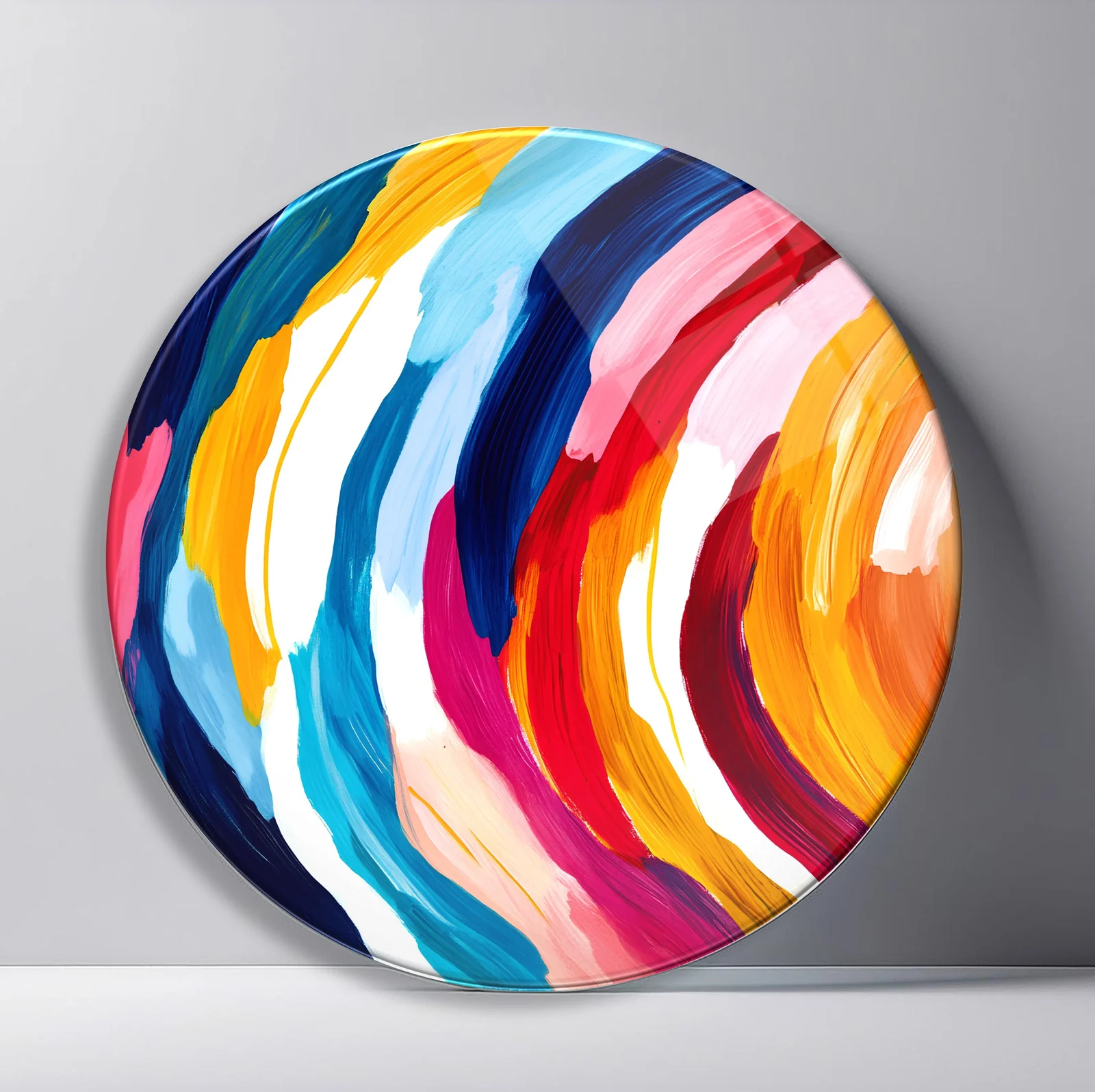 Bold Rainbow Brushstrokes Round Glass Wall Art featuring wide hand-painted arcs sweeping around the circular surface
