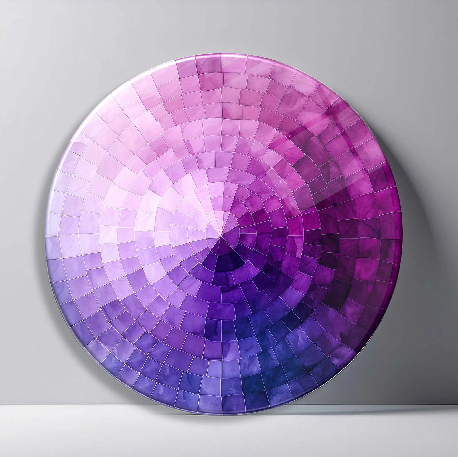 Amethyst Tile Vortex Round Glass Wall Art featuring layered purple square tiles twisting toward a deep violet center