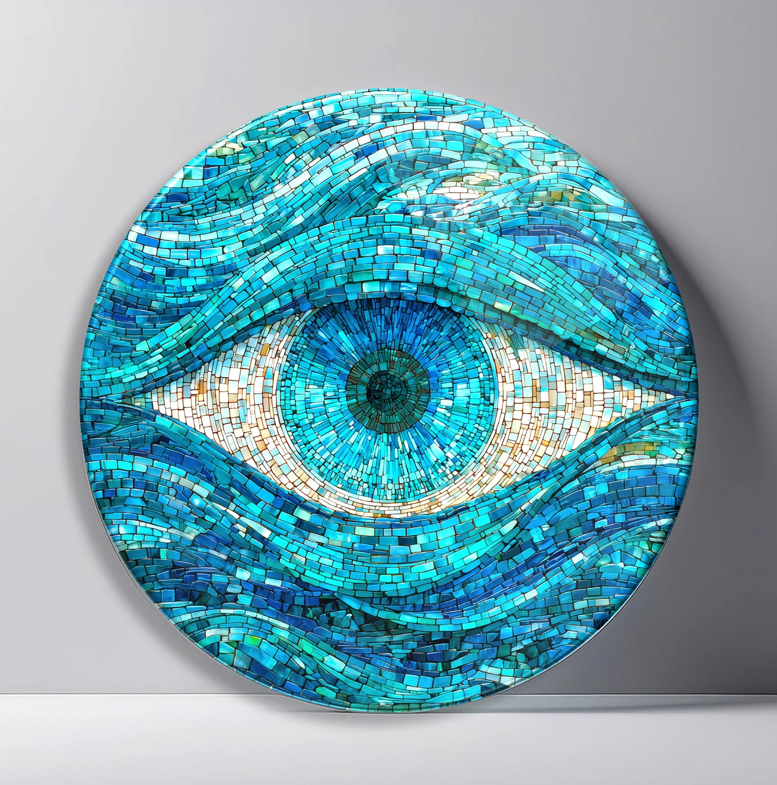Turquoise Mosaic Eye Round Glass Wall Art featuring large blue eye assembled from flowing turquoise mosaic tiles