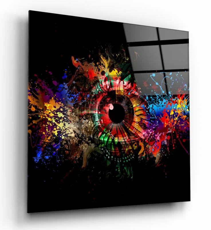 Rainbow Iris Paint Explosion Square Glass Wall Art, front angled view
