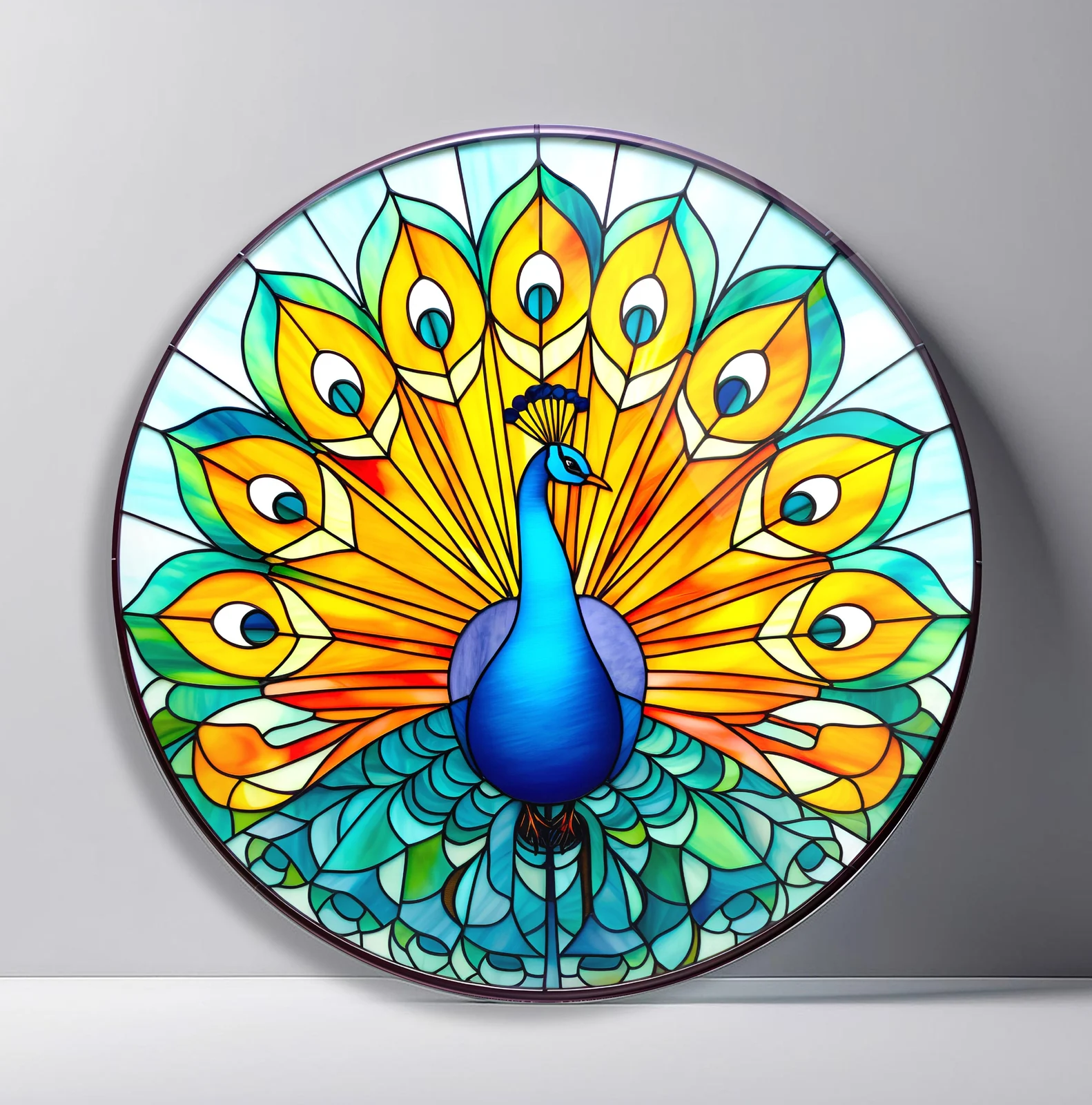 Golden Peacock Fan Round Glass Wall Art featuring blue peacock displaying a bright gold and green fan of eye feathers