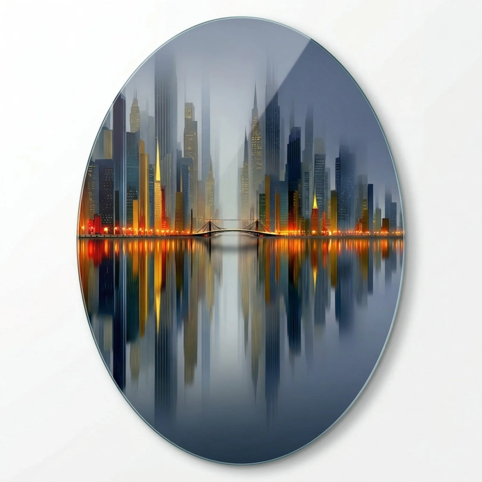 Golden Night Skyline Reflection Oval Glass Wall Art, front product view on a neutral background
