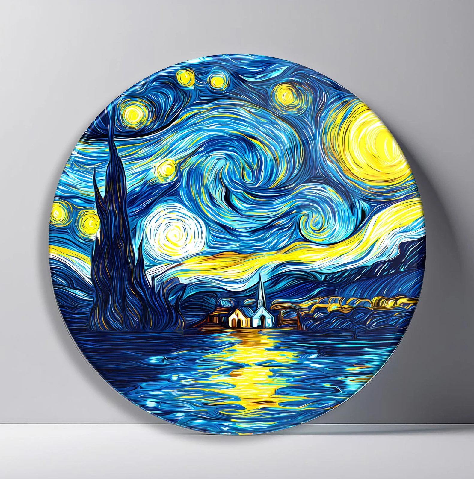 Starry Night Over the Water Round Glass Wall Art featuring swirling star-filled sky reflected across a quiet waterfront