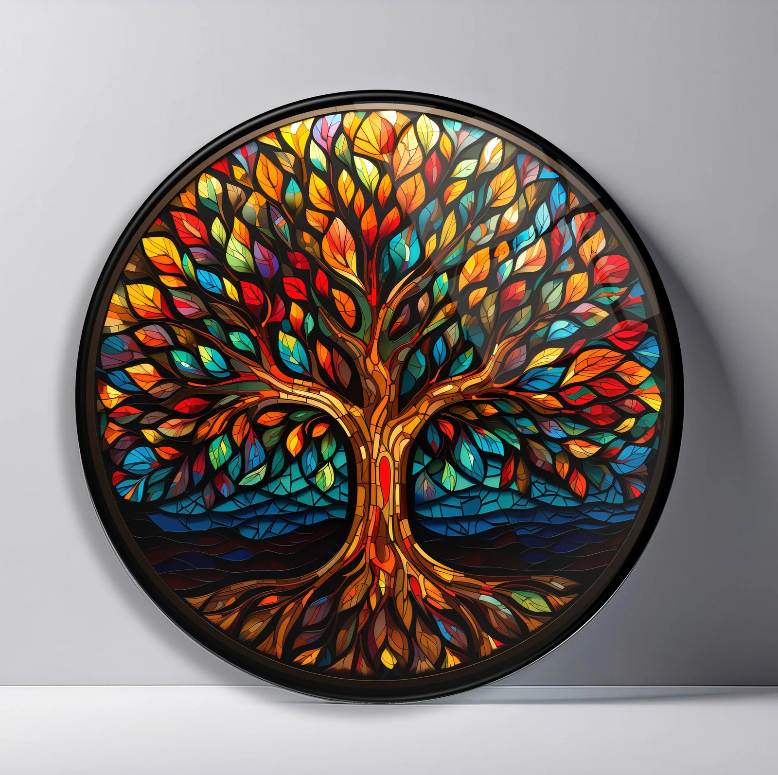 Autumn Jewel Tree on Black Round Glass Wall Art featuring brilliant red, orange, blue, and green leaves filling a rooted tree