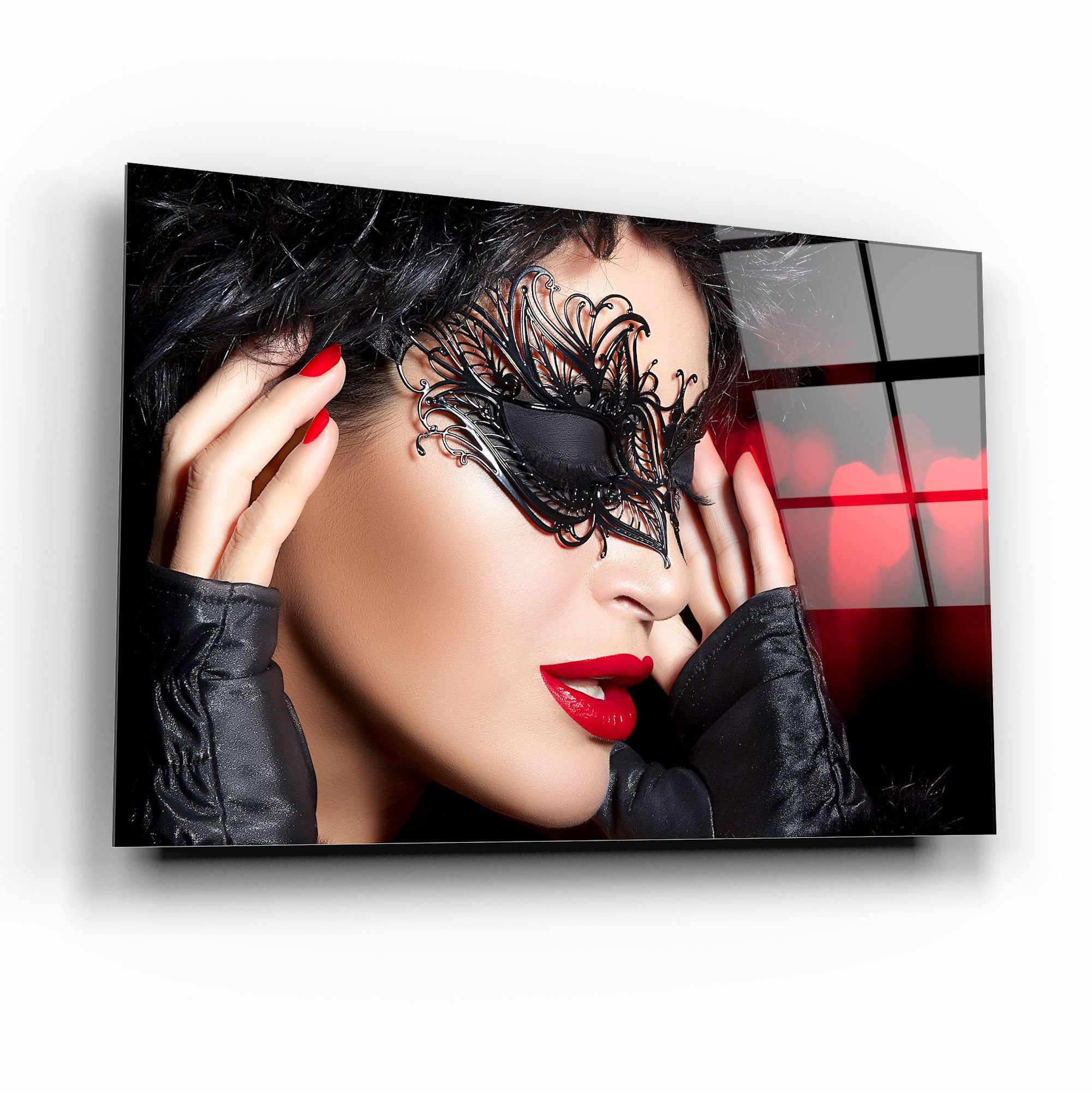 Warm Red Modern Woman Portrait Tempered Glass Wall Art, primary product view, model GA1701