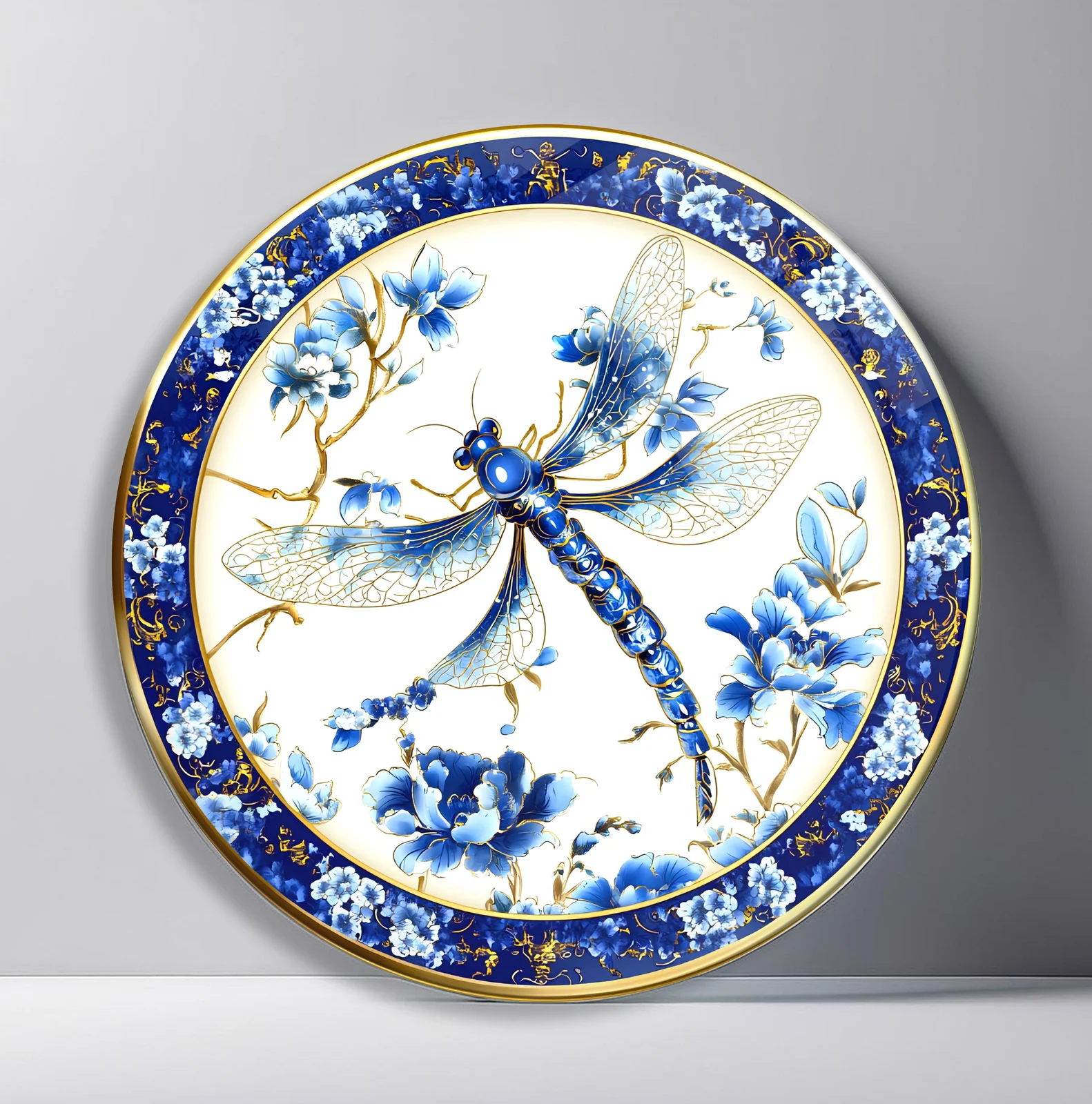 Blue Dragonfly Porcelain Round Glass Wall Art featuring delicate dragonfly hovering among cobalt blossoms in a porcelain-style frame