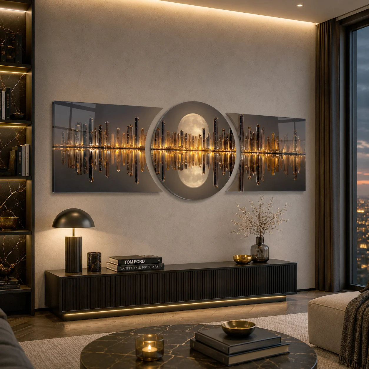 Golden City Soundwave Custom-Cut Three-Piece Glass Wall Art, displayed above a console in a warm modern living room