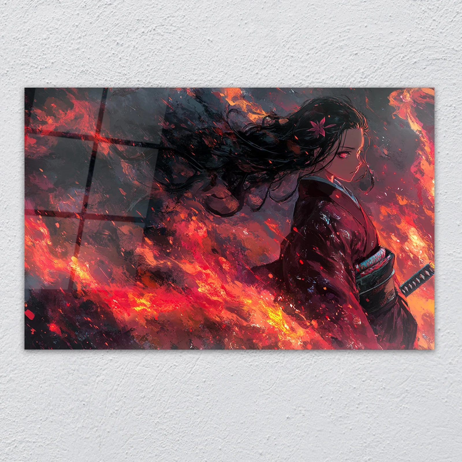 Glass wall art of Nezuko from Demon Slayer striding through a storm of flame with a katana and blazing red eyes